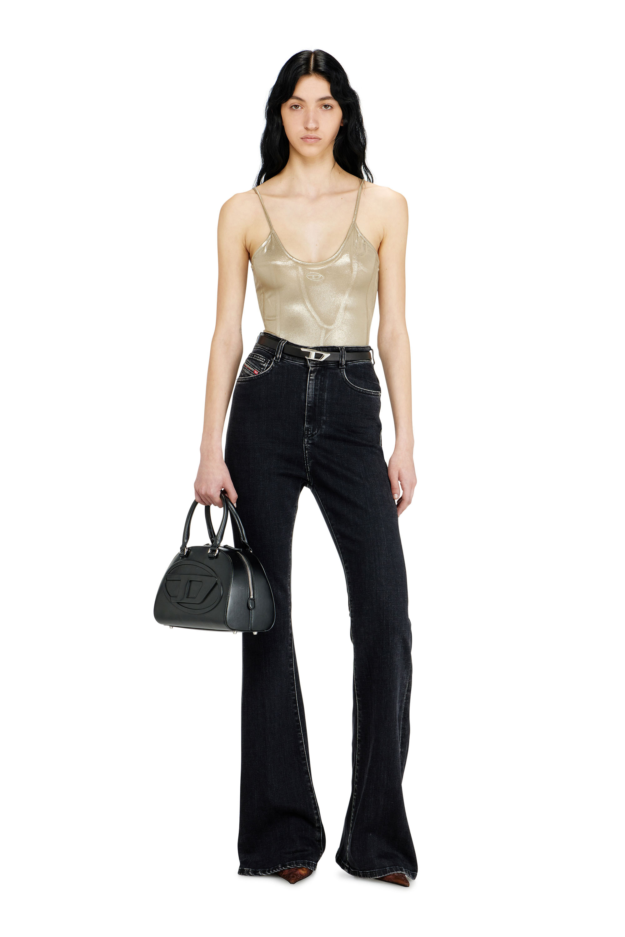 Diesel - T-IMYNY, Woman's Shiny jersey bodysuit with round neck in Beige - 2