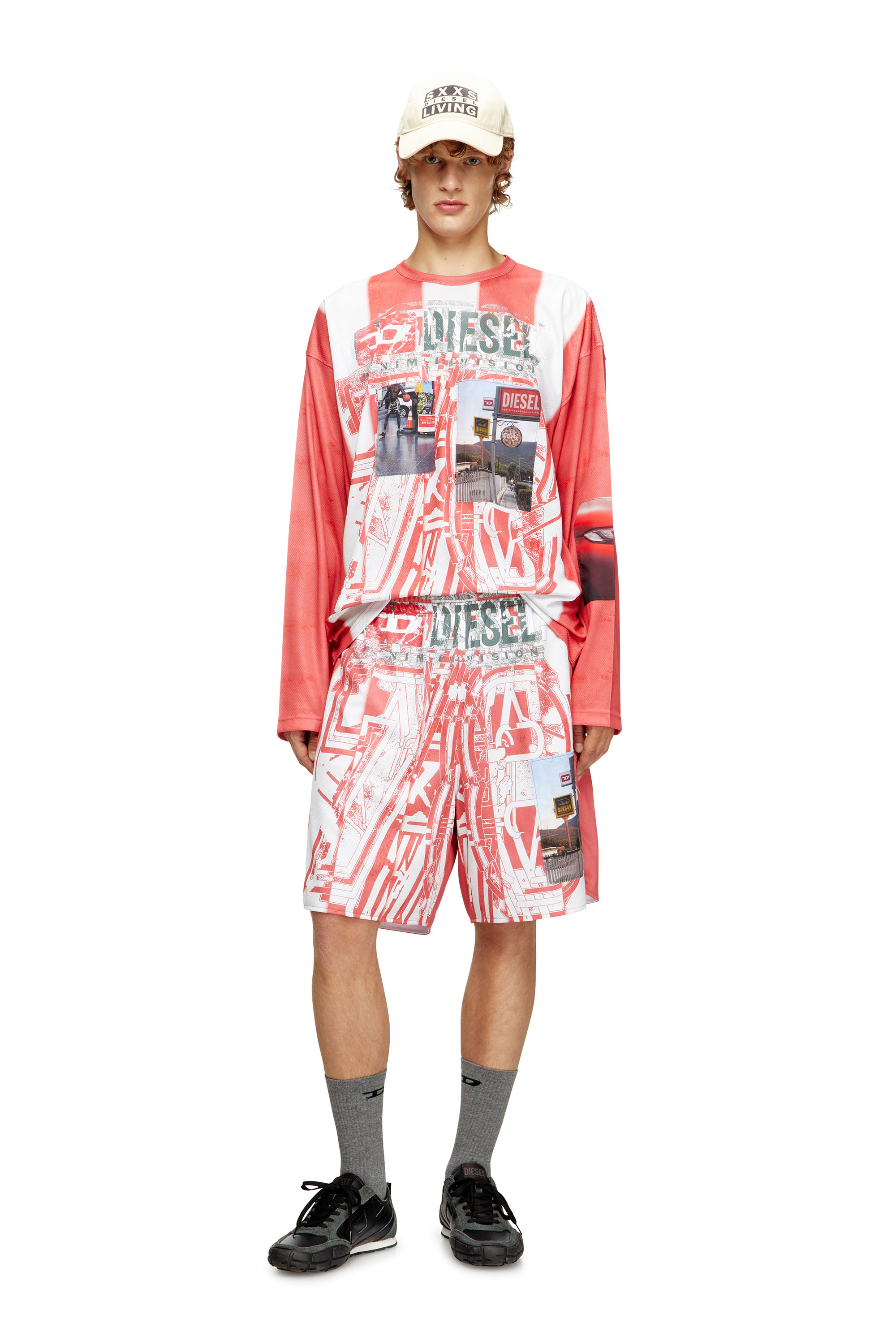 Diesel - T-RUBY, Man's Striped long-sleeve T-shirt with photo patches in Red/White - 1