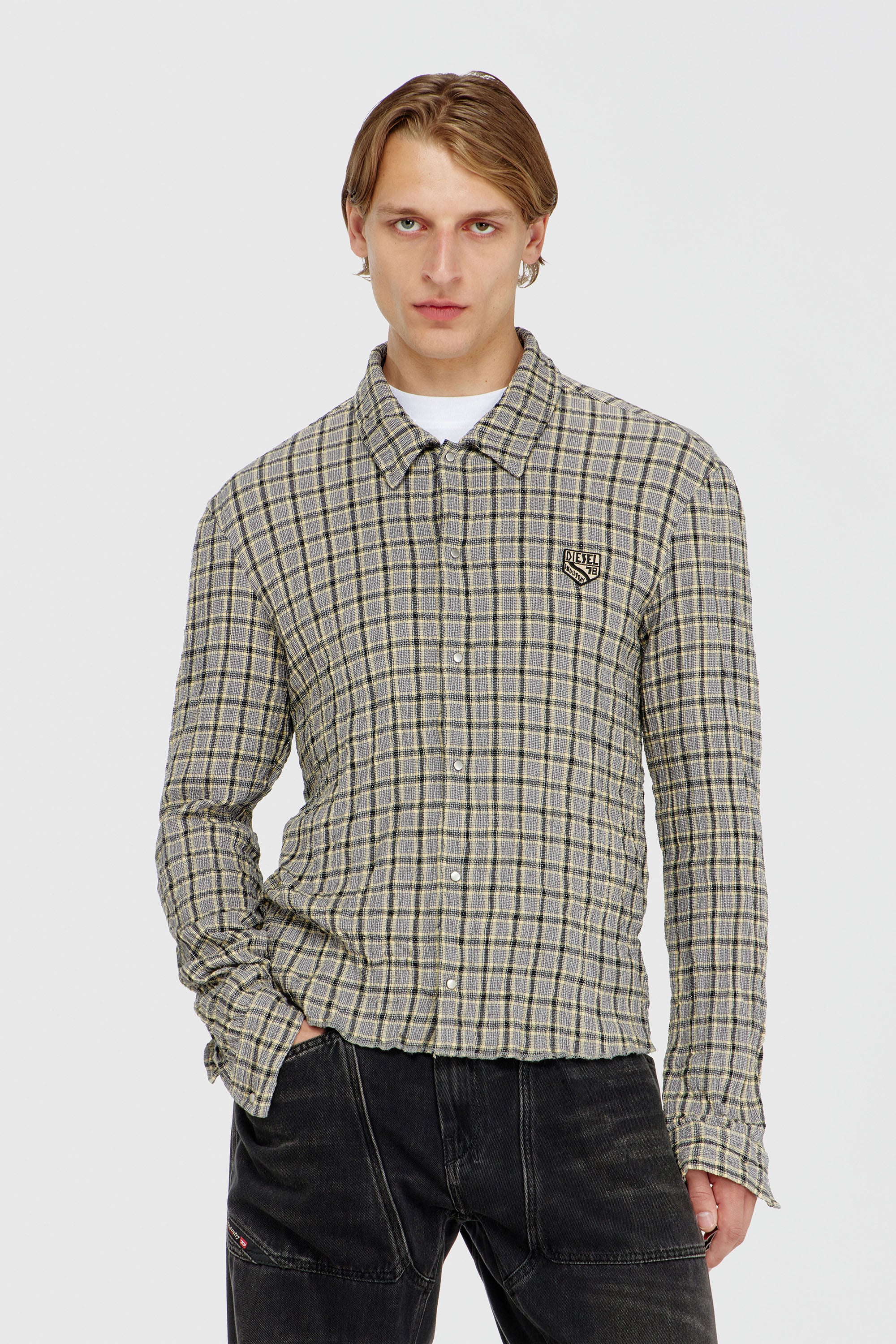 Diesel - S-SEERK, Man's Check shirt with seersucker effect in Green/Grey - 3