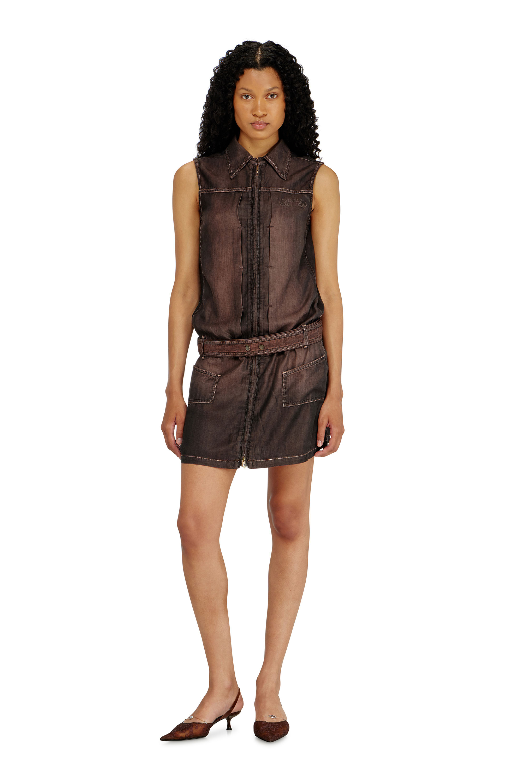 Diesel - DE-EDROS-S, Woman's Minidress in fluid coated denim in Brown - 2