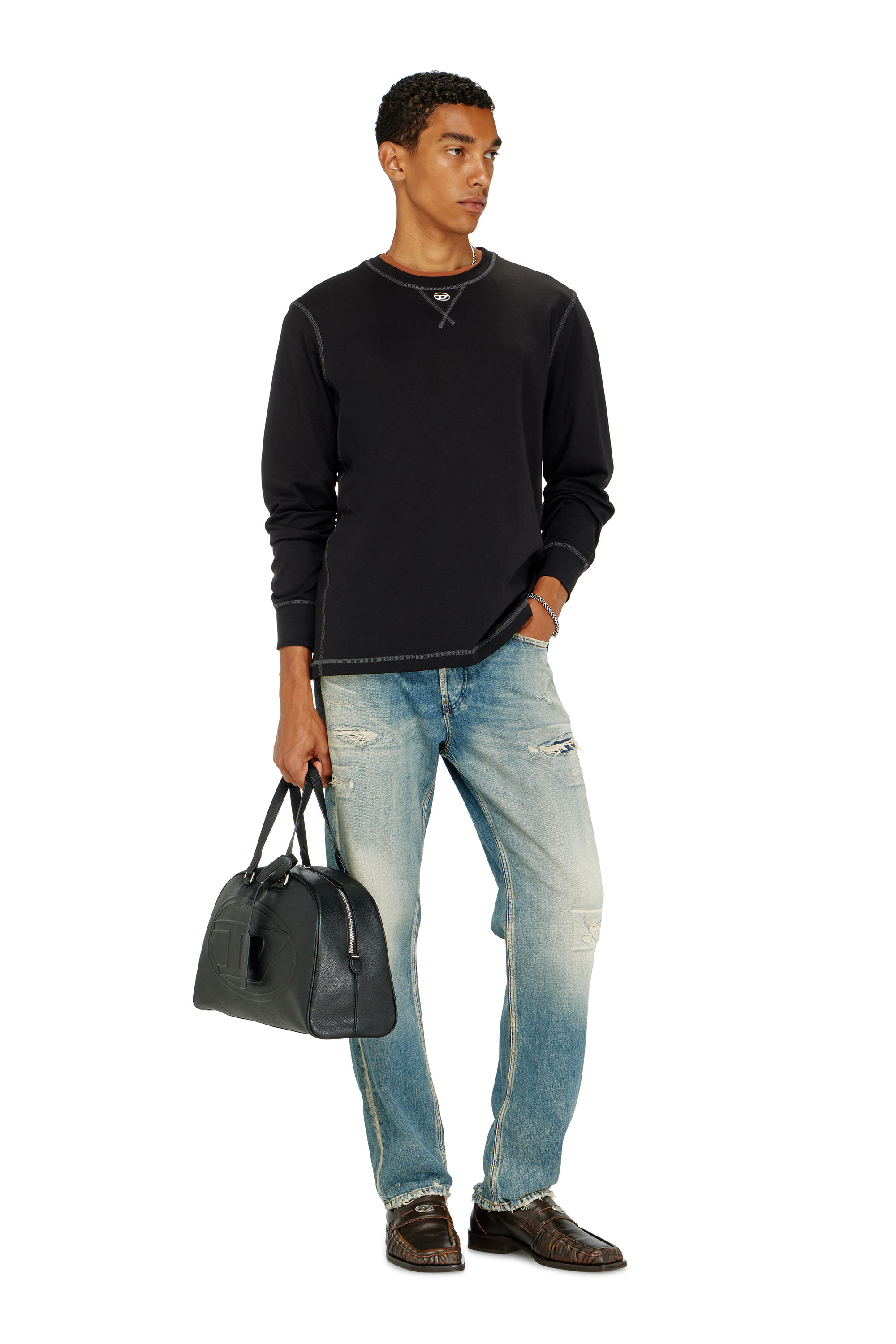 Diesel - T-MADJUST-LS-TR, Man's Cotton long-sleeve T-shirt with Oval D in Dark grey - 2
