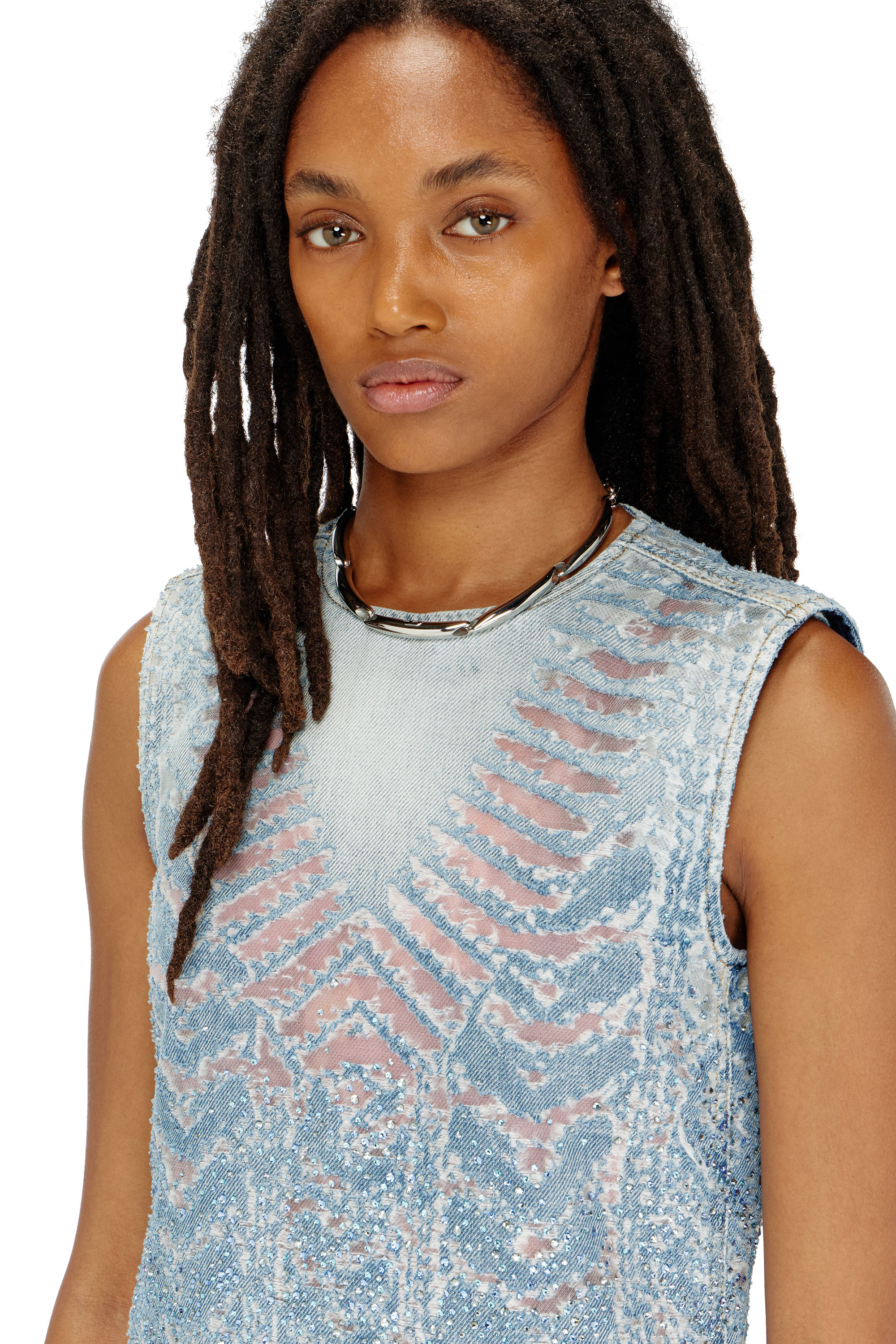 Diesel - DE-MYRELA-S, Woman's Mini dress in microstone devor&eacute; denim in null - 4