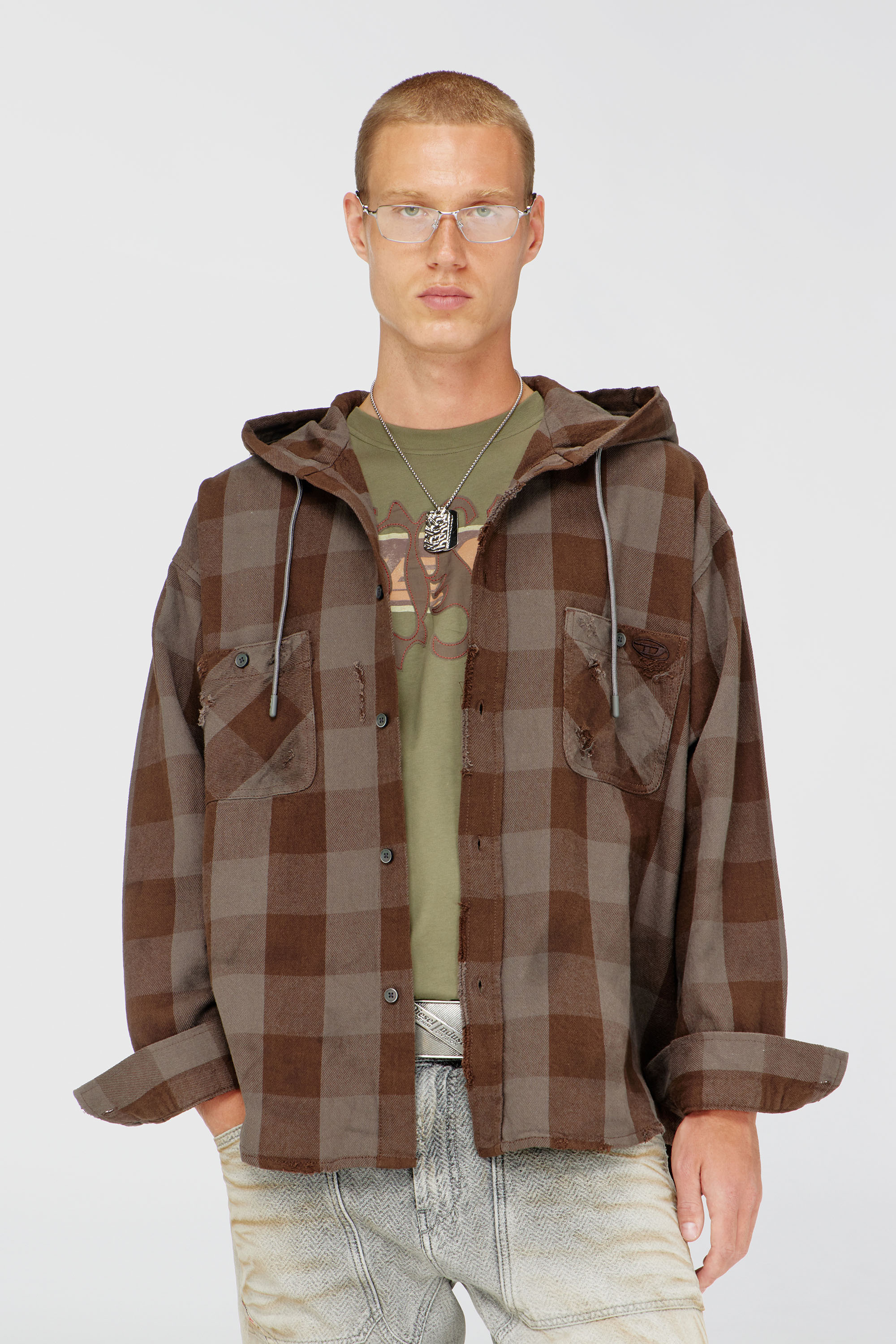 Diesel - S-DRUM-HOODY, Man's Distressed hooded shirt in check flannel in Brown - 3