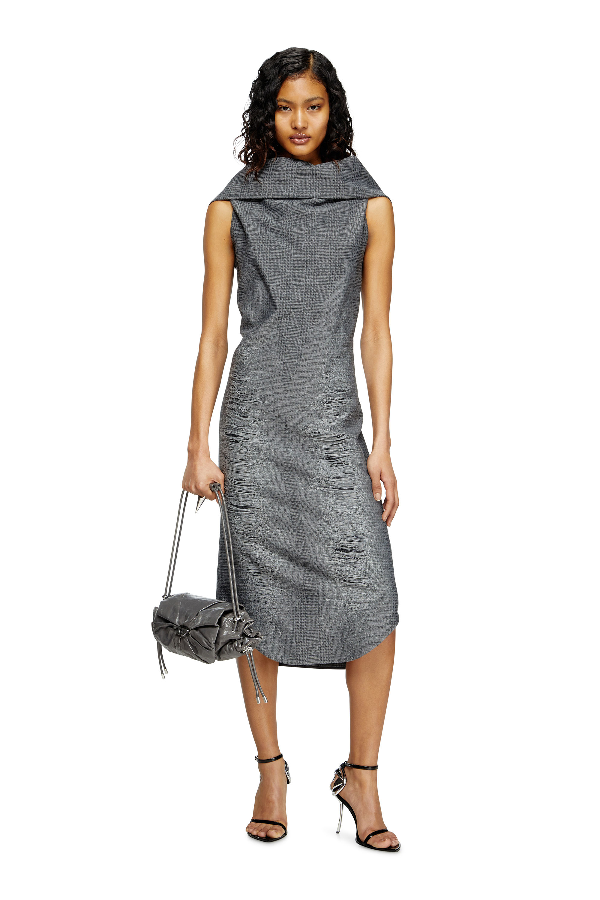 Diesel - D-MAUVE, Woman's Prince of Wales midi dress with distressing in Grey - 1