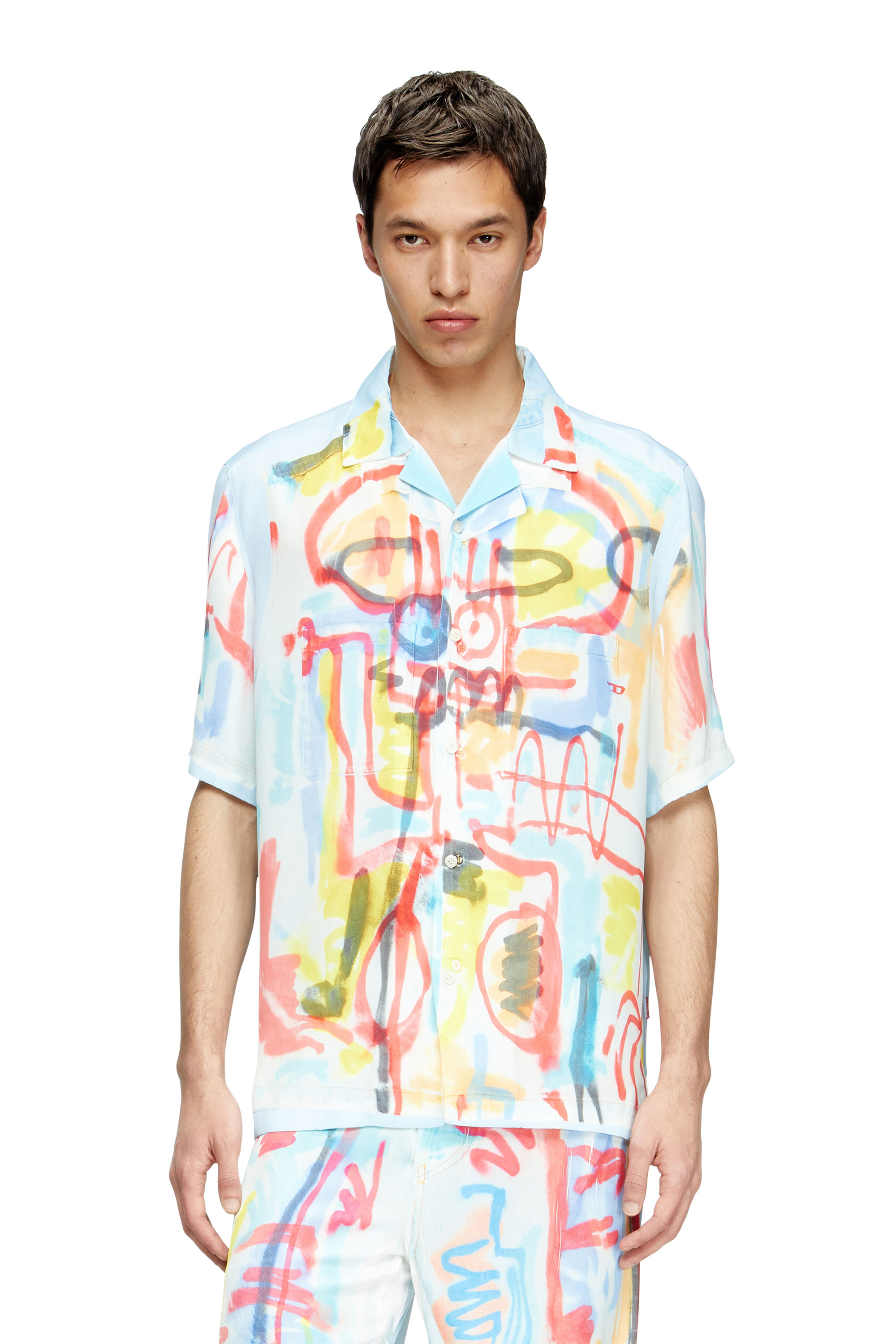 Diesel - C-PAROSHORT-GRAFFITI-AFR, Unisex's Satin bowling shirt with graffiti print in Light Blue - 3