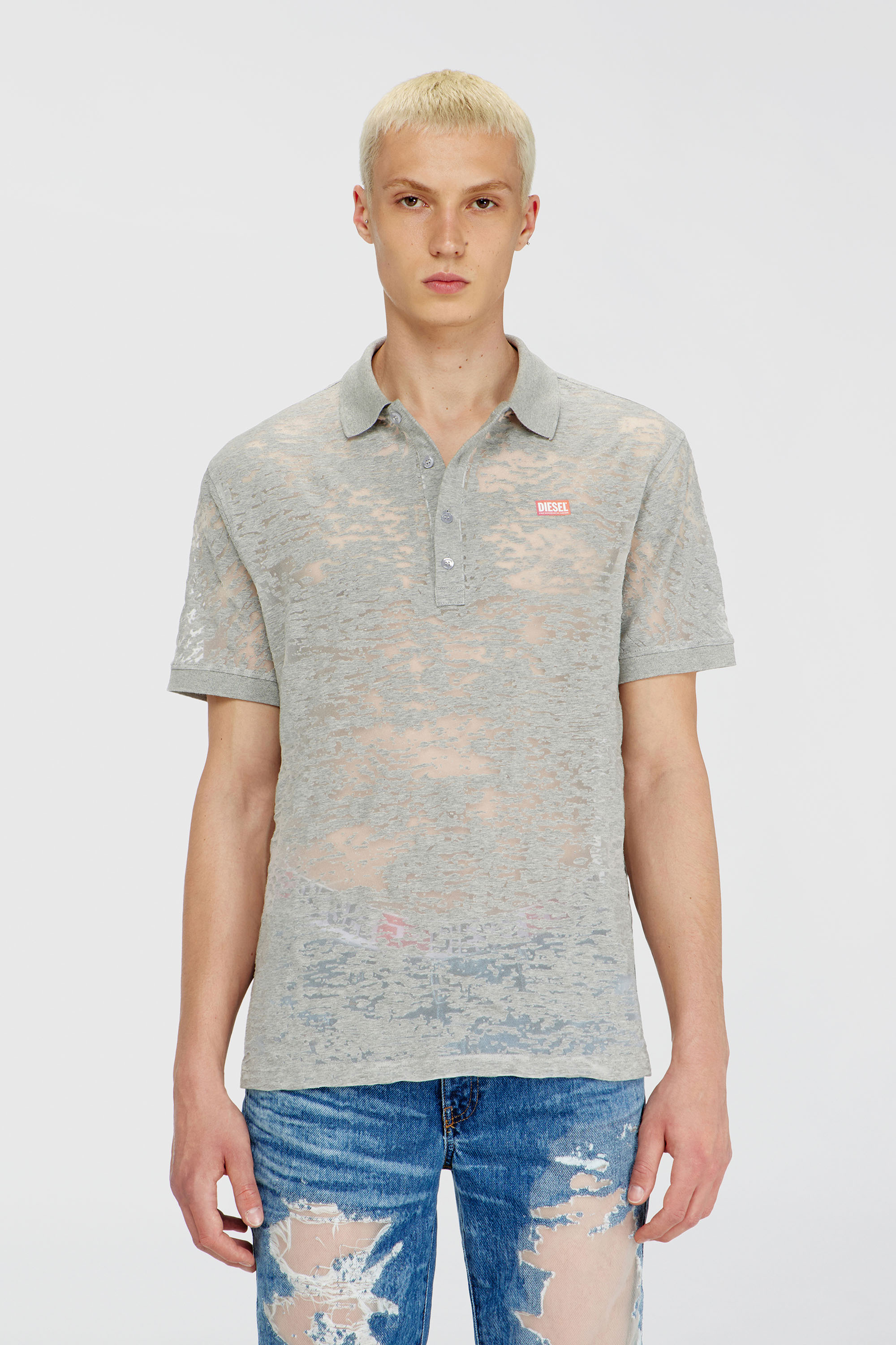 Diesel - PR-T-REJUST, Man's Polo shirt in all-over devor&eacute; jersey in Light Grey - 3