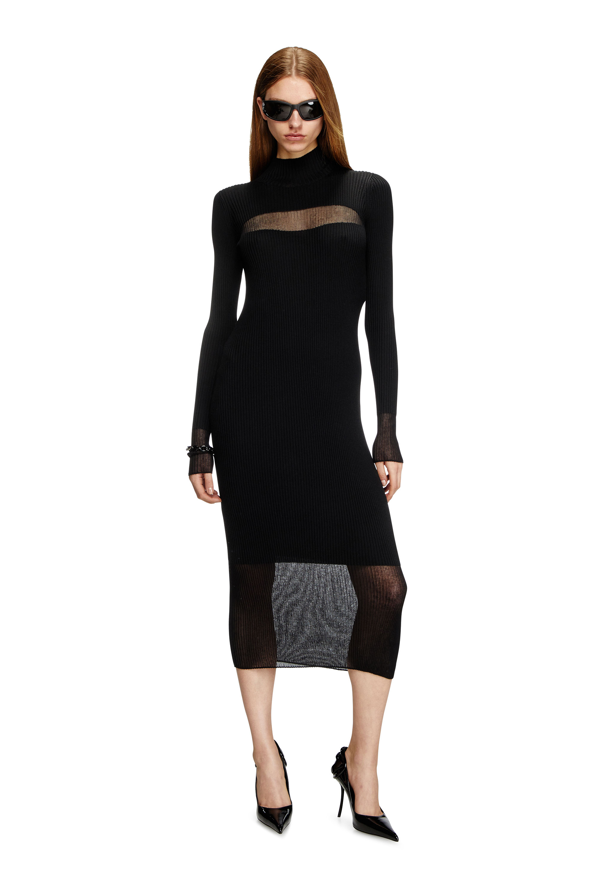 Diesel - M-SLINT, Woman's Rib-knit midi dress with sheer panels in Black - 3