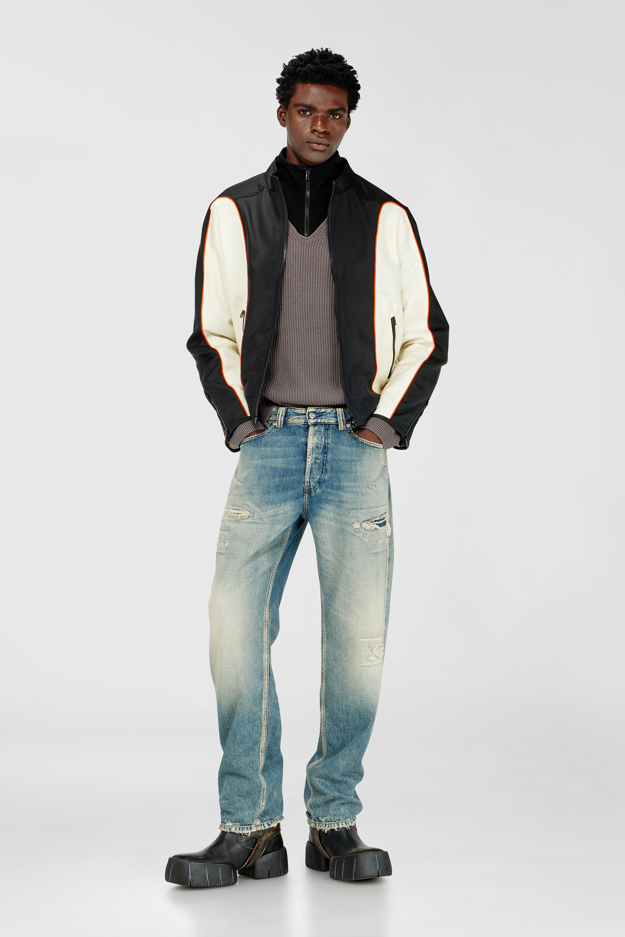 Diesel - J-BLINK-WRD, Man's Nylon jacket with color block and piping details in Black/White - 1