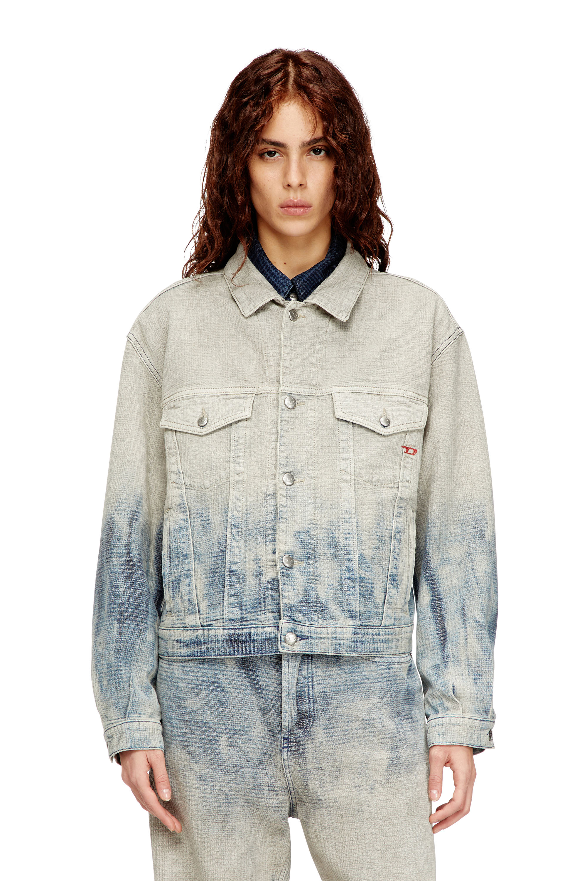 Diesel - D-RANGER, Unisex's Trucker jacket in Prince of Wales jacquard denim in Grey/Blue - 1