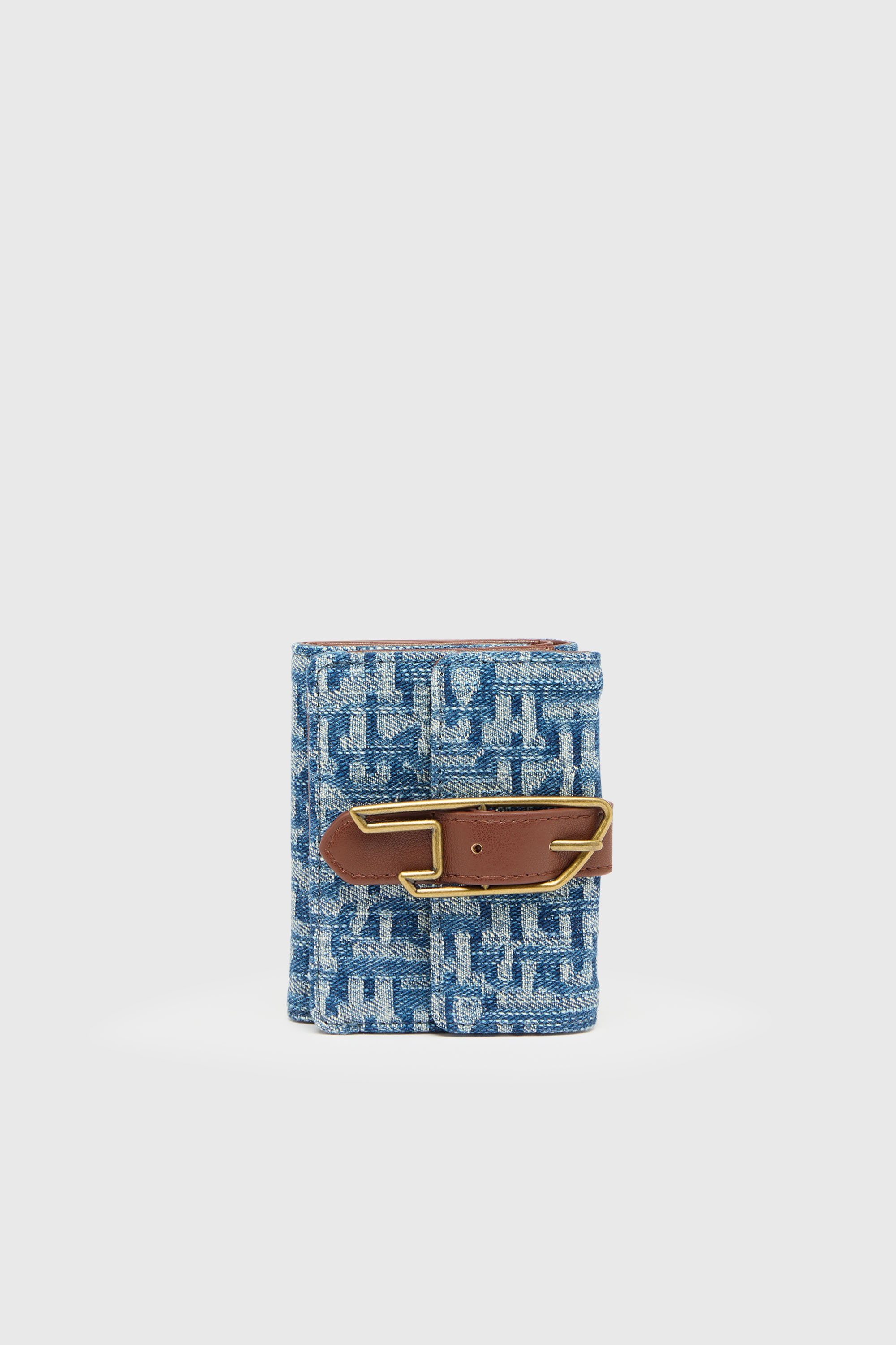 Diesel - D-LINE TRI FOLD COIN XS II, Woman's Tri-fold wallet in monogram denim with belt detail in Blue - 1
