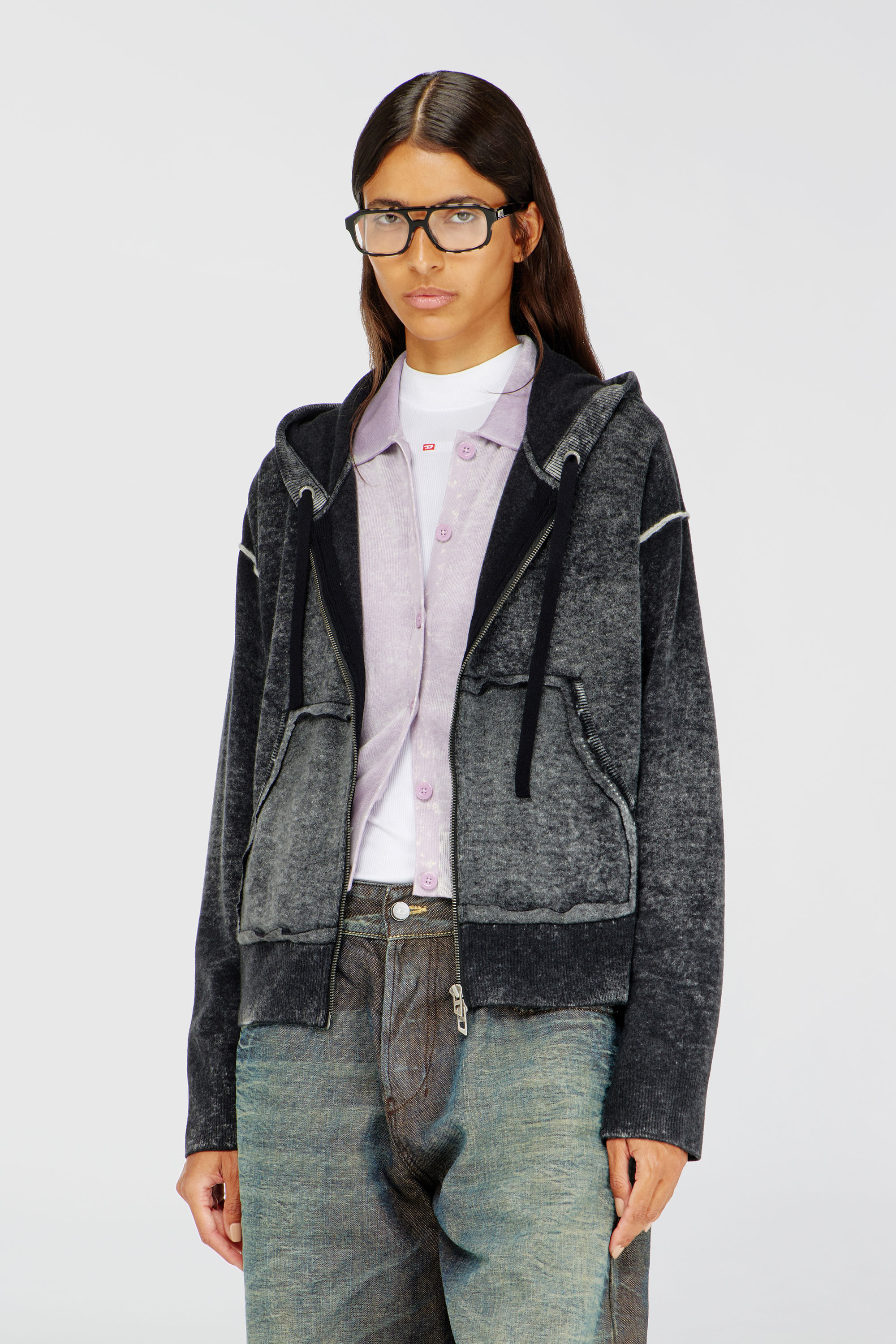 Diesel - M-HERMINE, Woman's Reverse-print hooded cardigan in wool in Black/Grey - 3