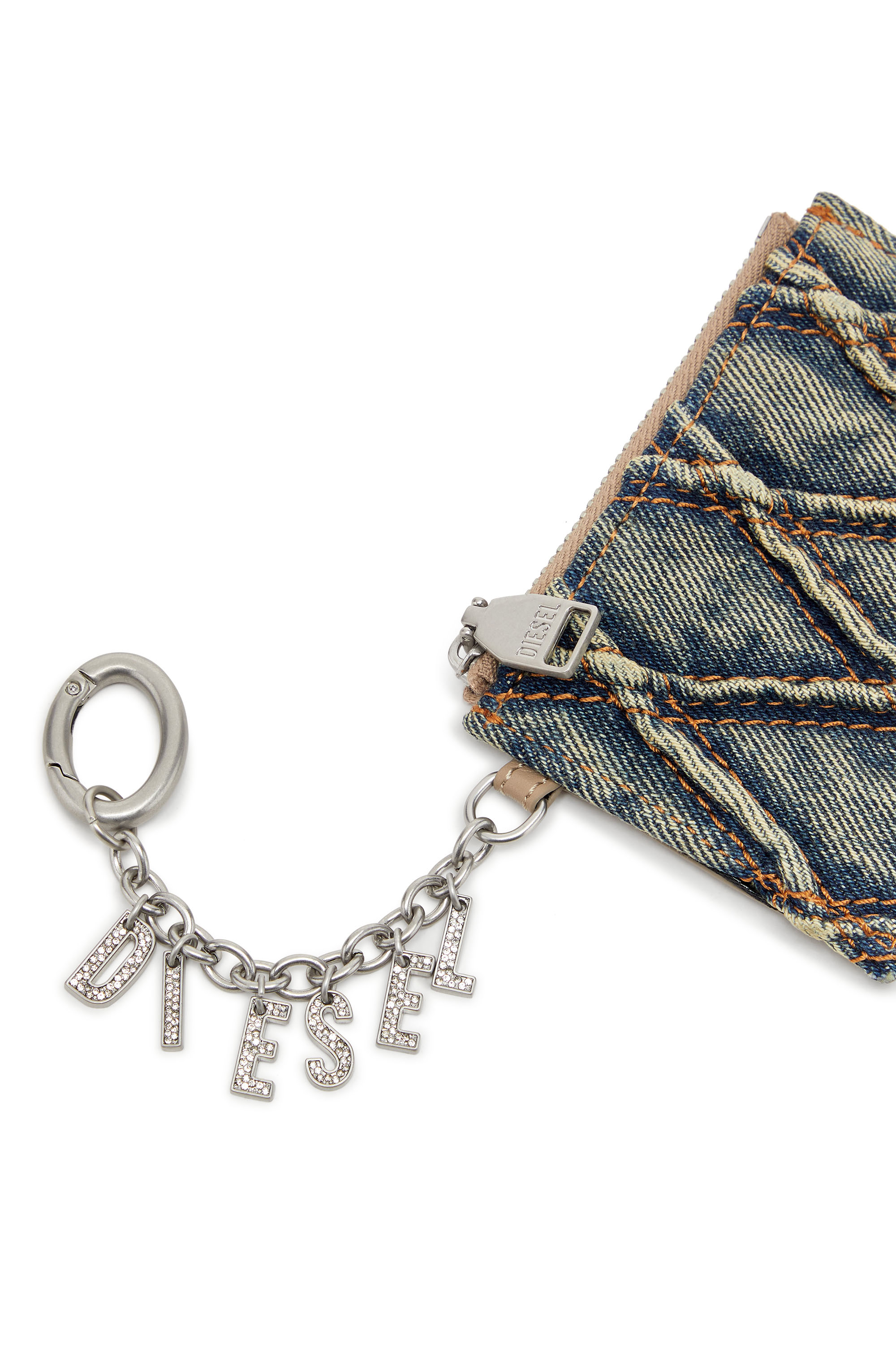 CARD HOLDER WITH CHAIN, Blue Diesel - CARD HOLDER WITH CHAIN, Woman's Card holder in argyle quilted denim in Blue - 4