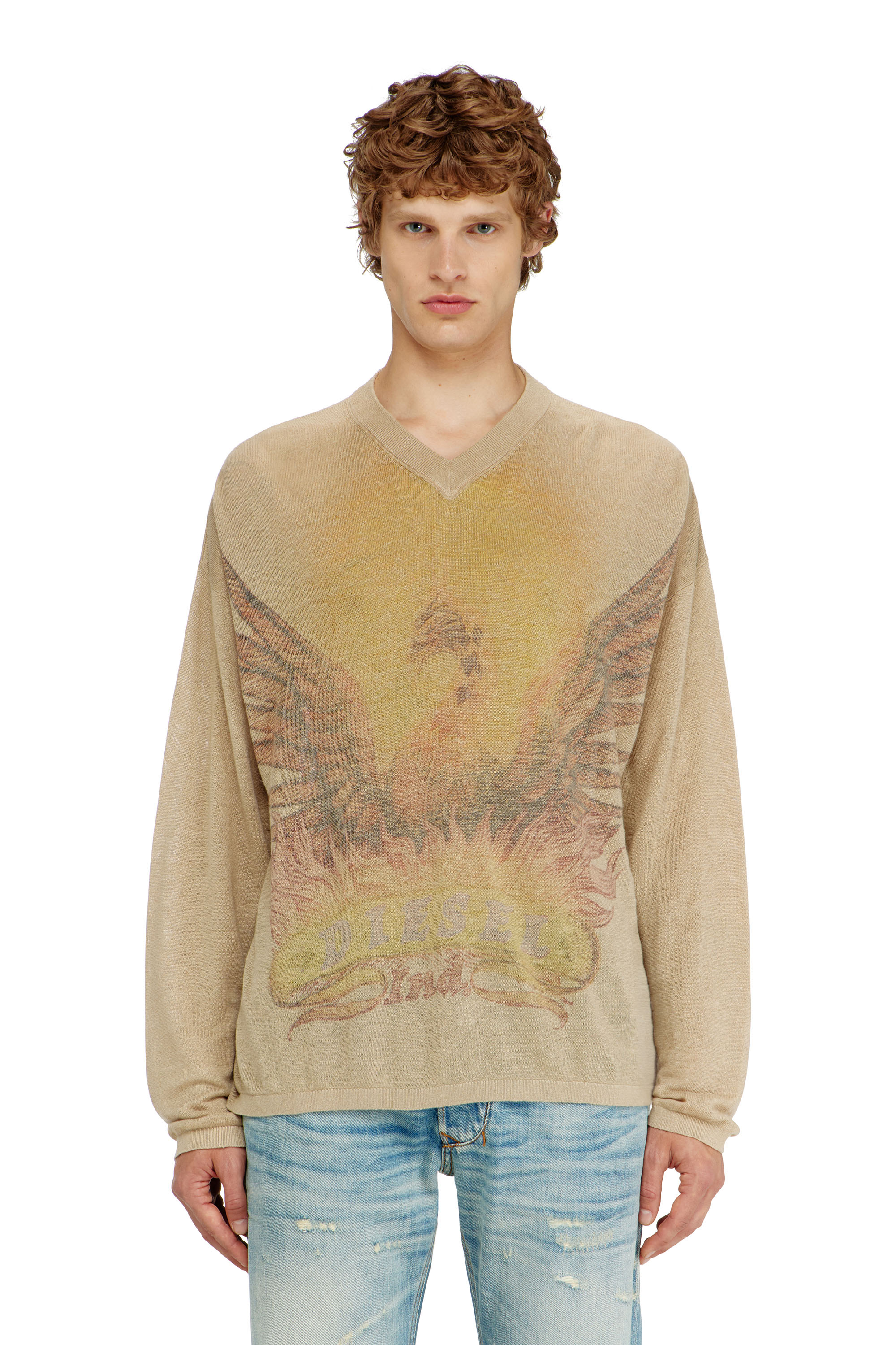 Diesel - K-ARMINS, Man's Linen jumper with faded Phoenix print in Beige - 3