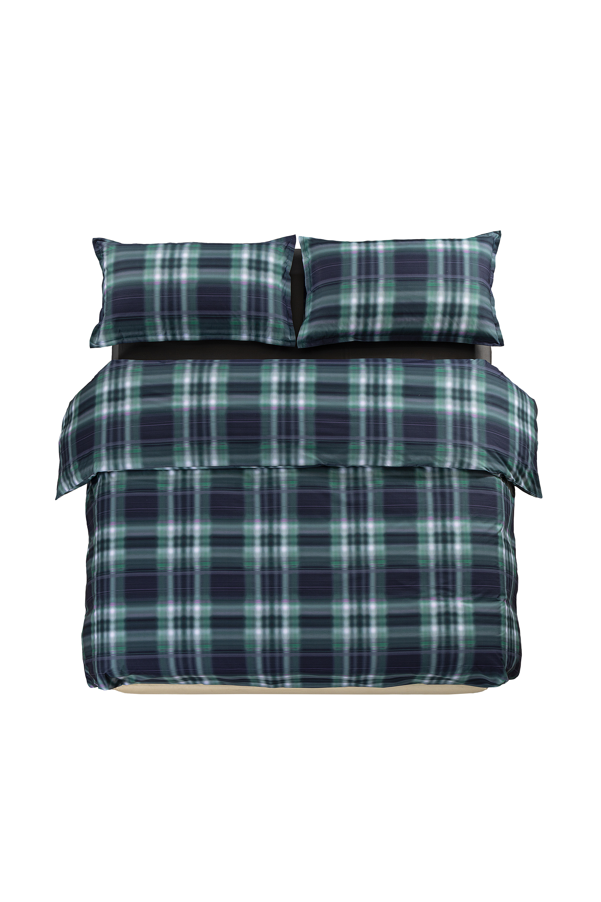 1016334 HAZY TARTAN BLUE DUVET COVER SET, Blue/Green