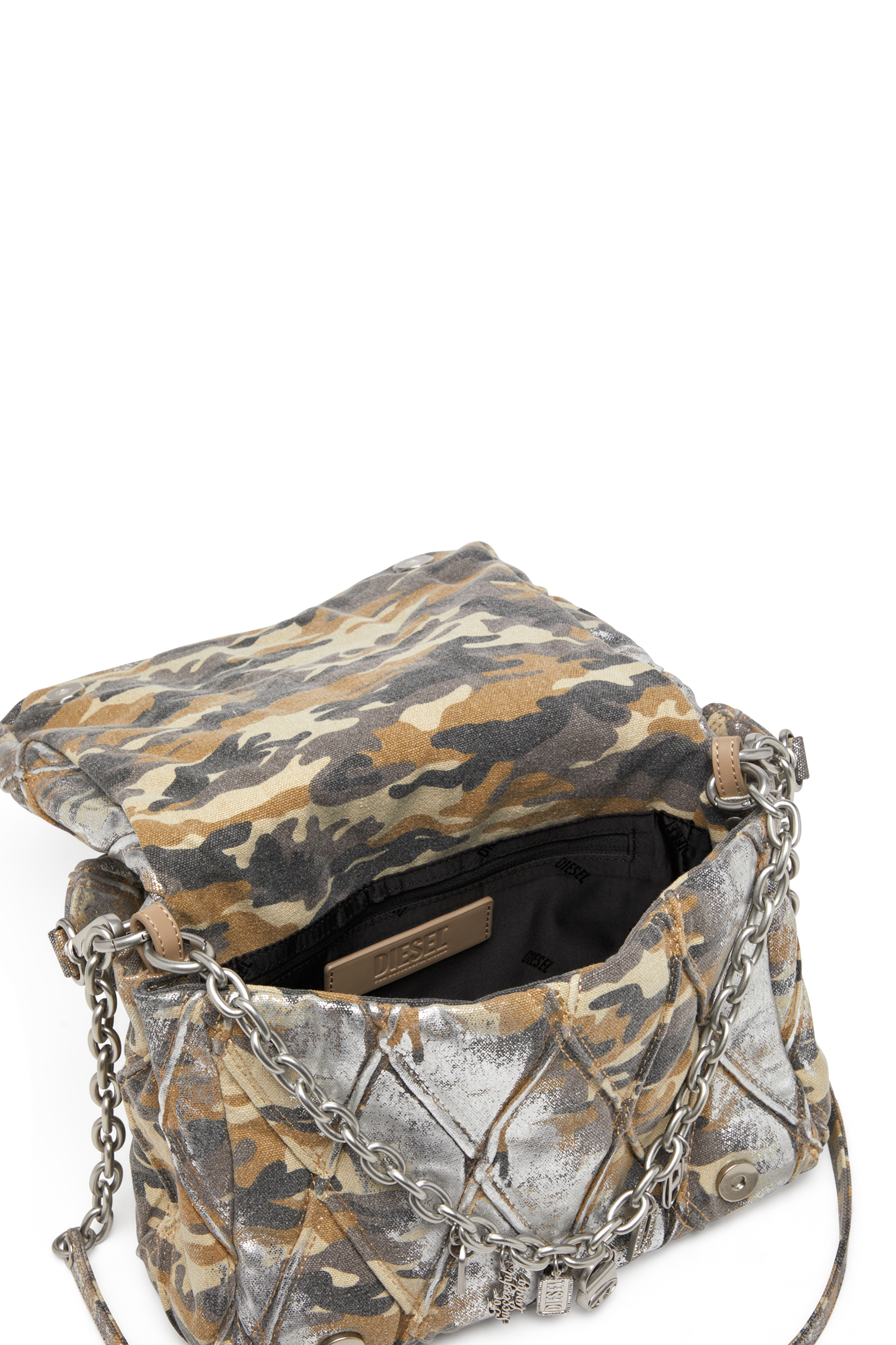 Diesel - CHARM-D SHOULDER M, Woman's Charm-D M-Shoulder bag in metallic camo canvas in Multicolor/Brown - 4