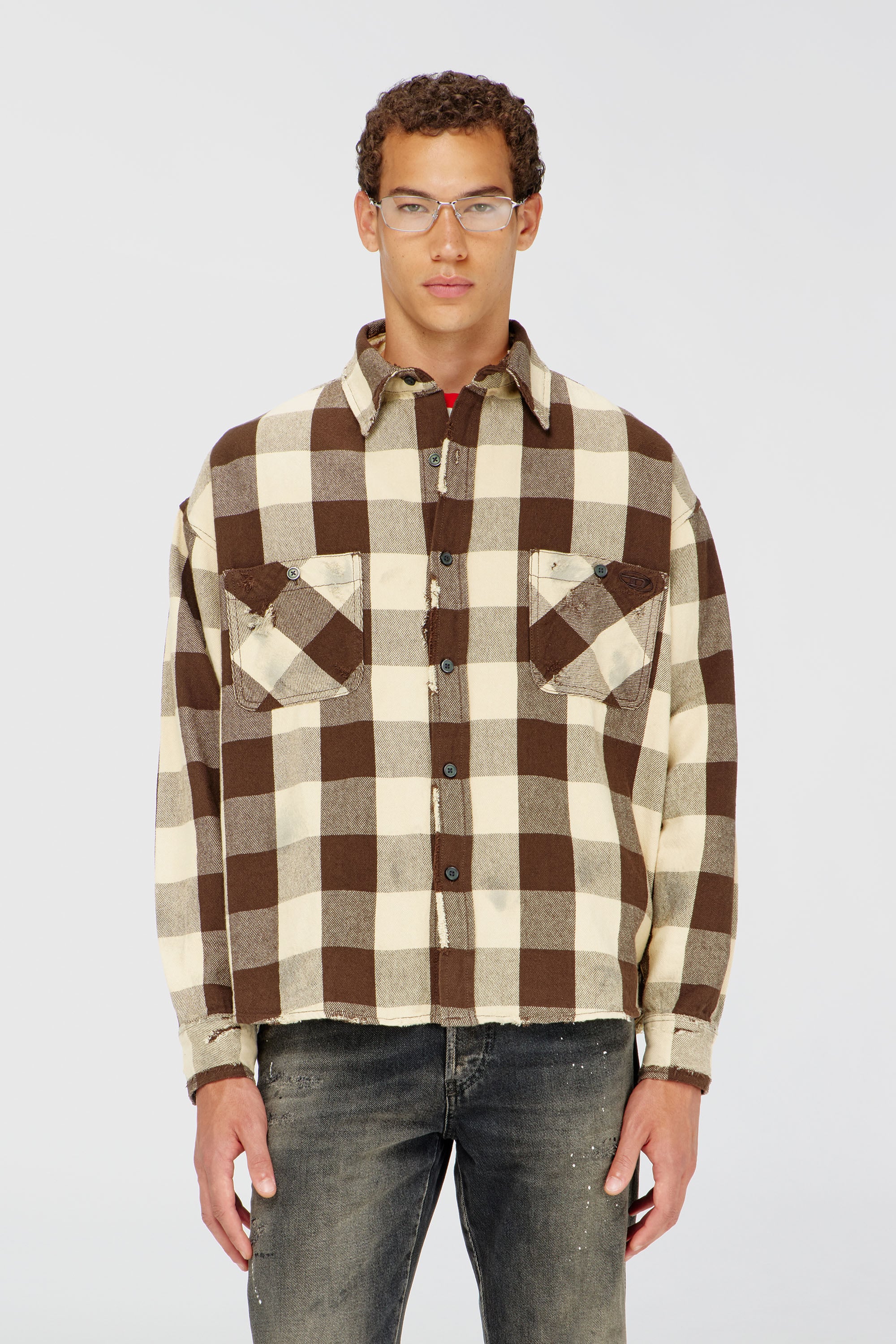 Diesel - S-DRUM, Man's Check flannel shirt with distressed effect in Beige/Brown - 1