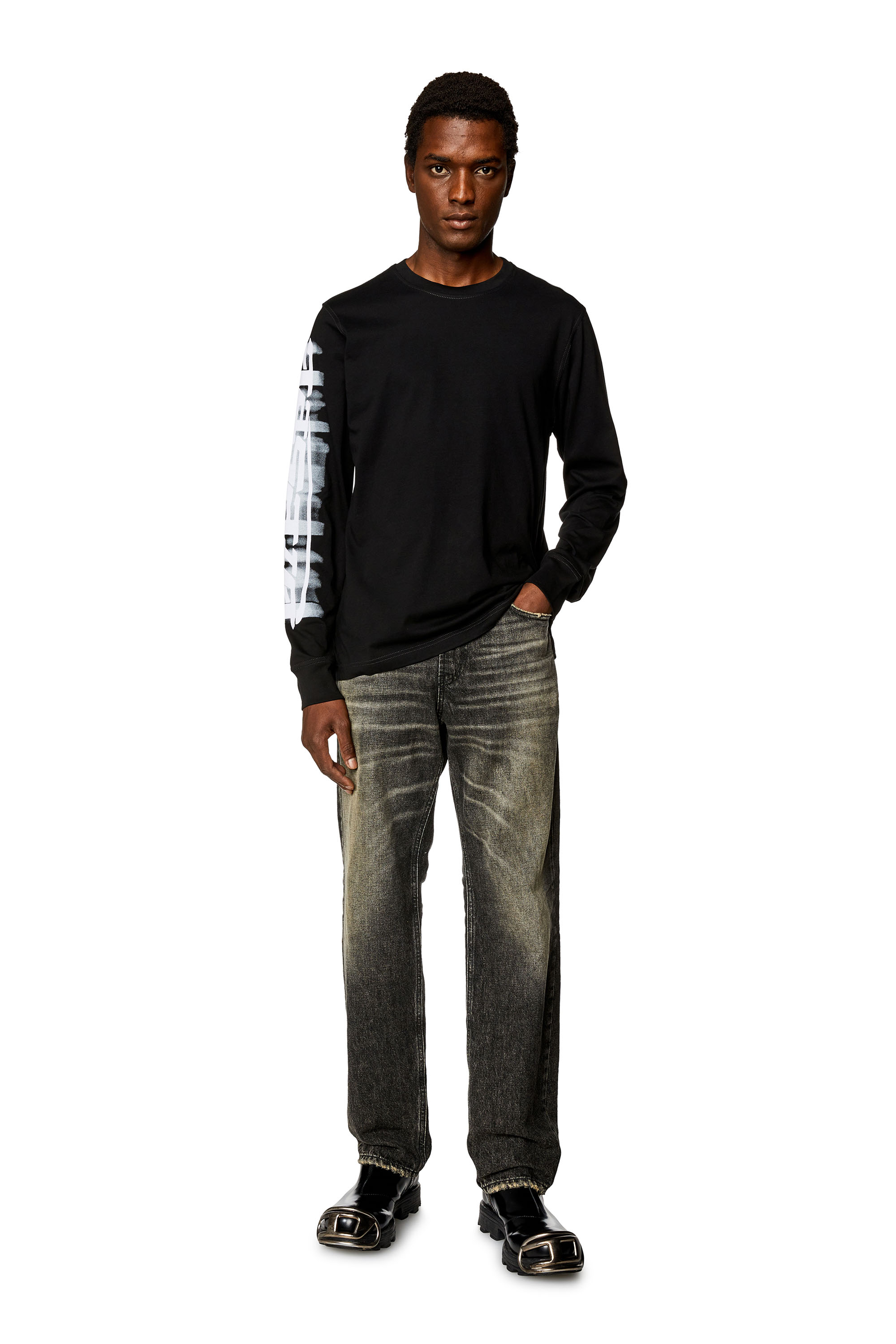 Diesel - T-JUST-LS-SLITS-N2, Man's Long-sleeve T-shirt with blurry Diesel print in Black - 1