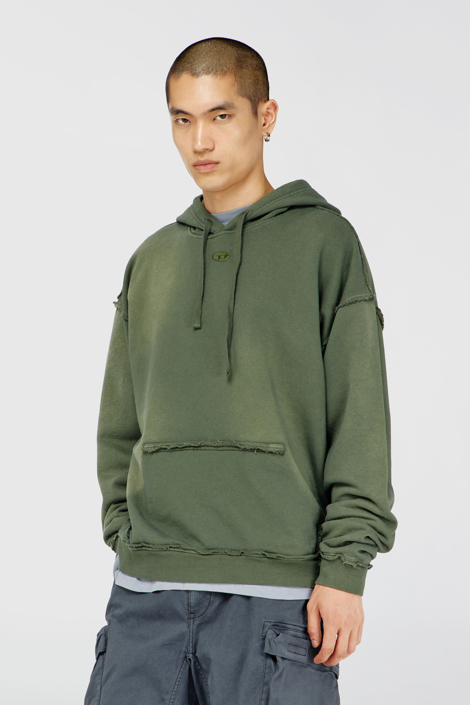 Diesel - S-POCK-HOOD, Man's Faded cotton hoodie with frayed details in Military Green - 1