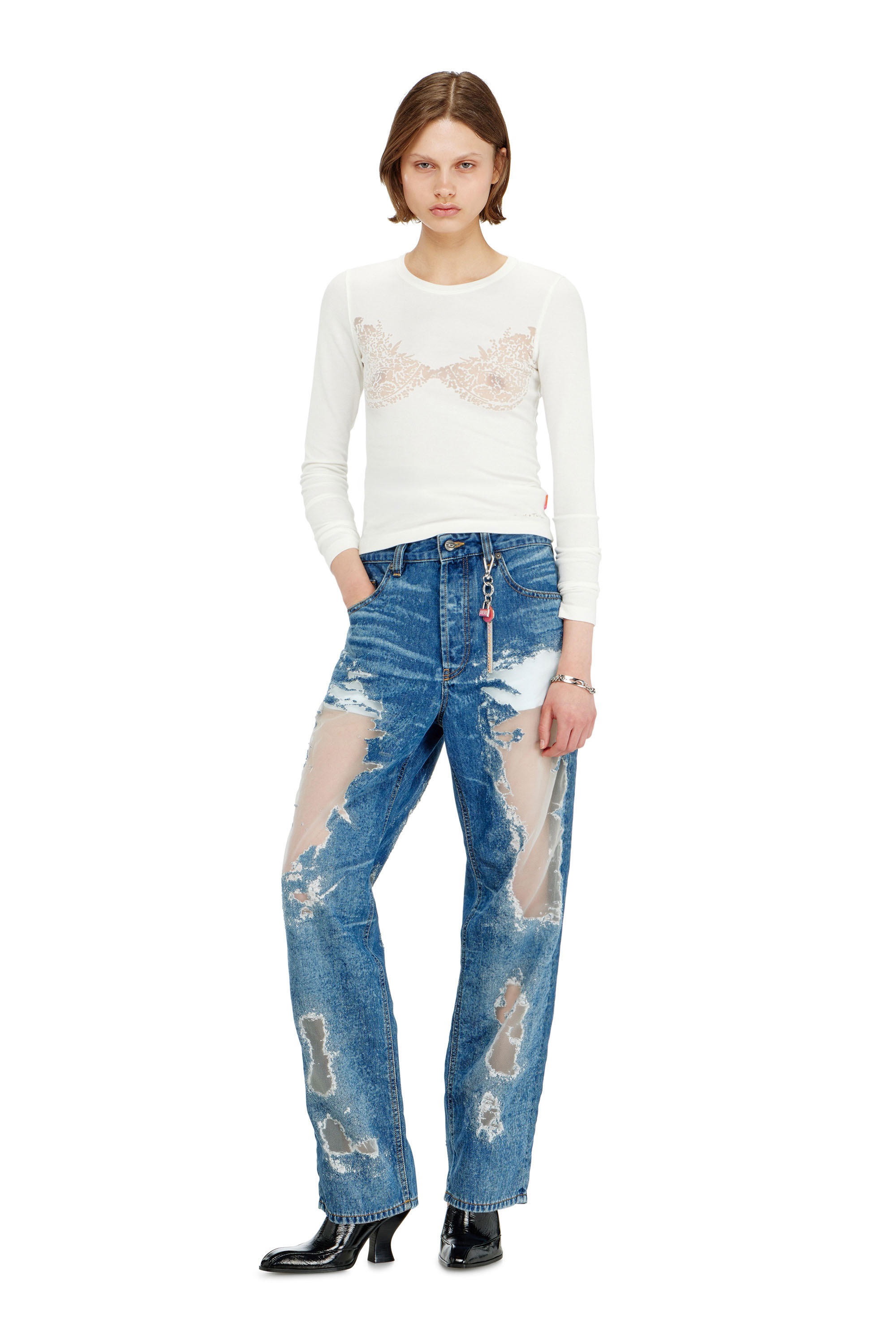Diesel - PR-T-MOKKI-LS-R, Woman's Top with devor&eacute; lace effect in White - 2