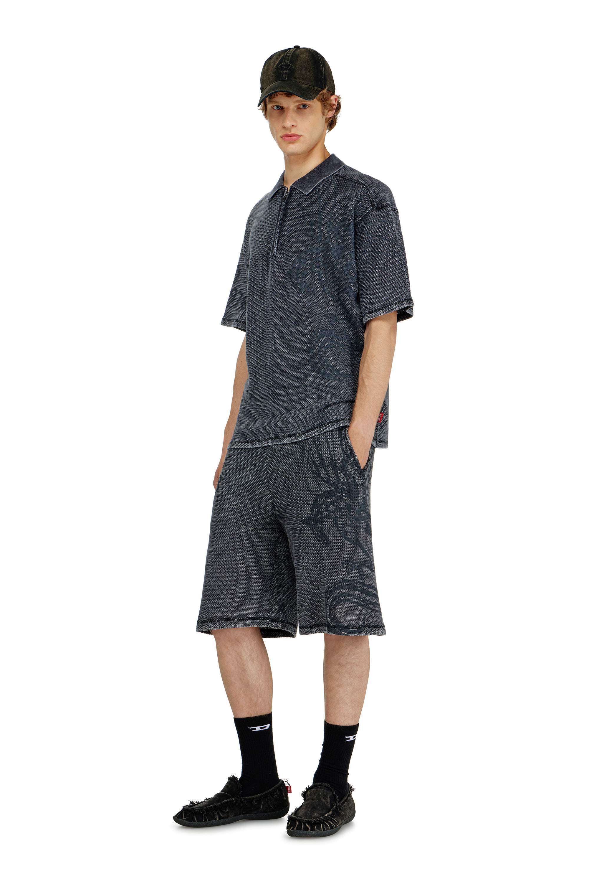 Diesel - T-ERRY-ZIP, Man's Mesh-jacquard polo shirt with Phoenix print in Dark grey - 1