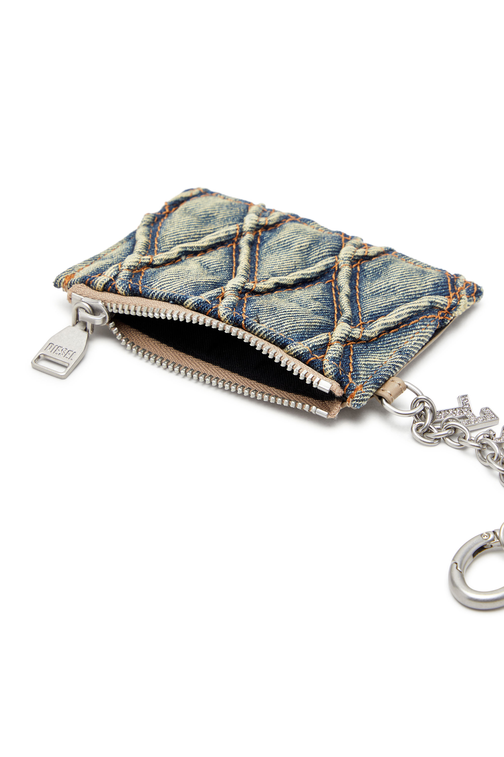 CARD HOLDER WITH CHAIN, Blue Diesel - CARD HOLDER WITH CHAIN, Woman's Card holder in argyle quilted denim in Blue - 3
