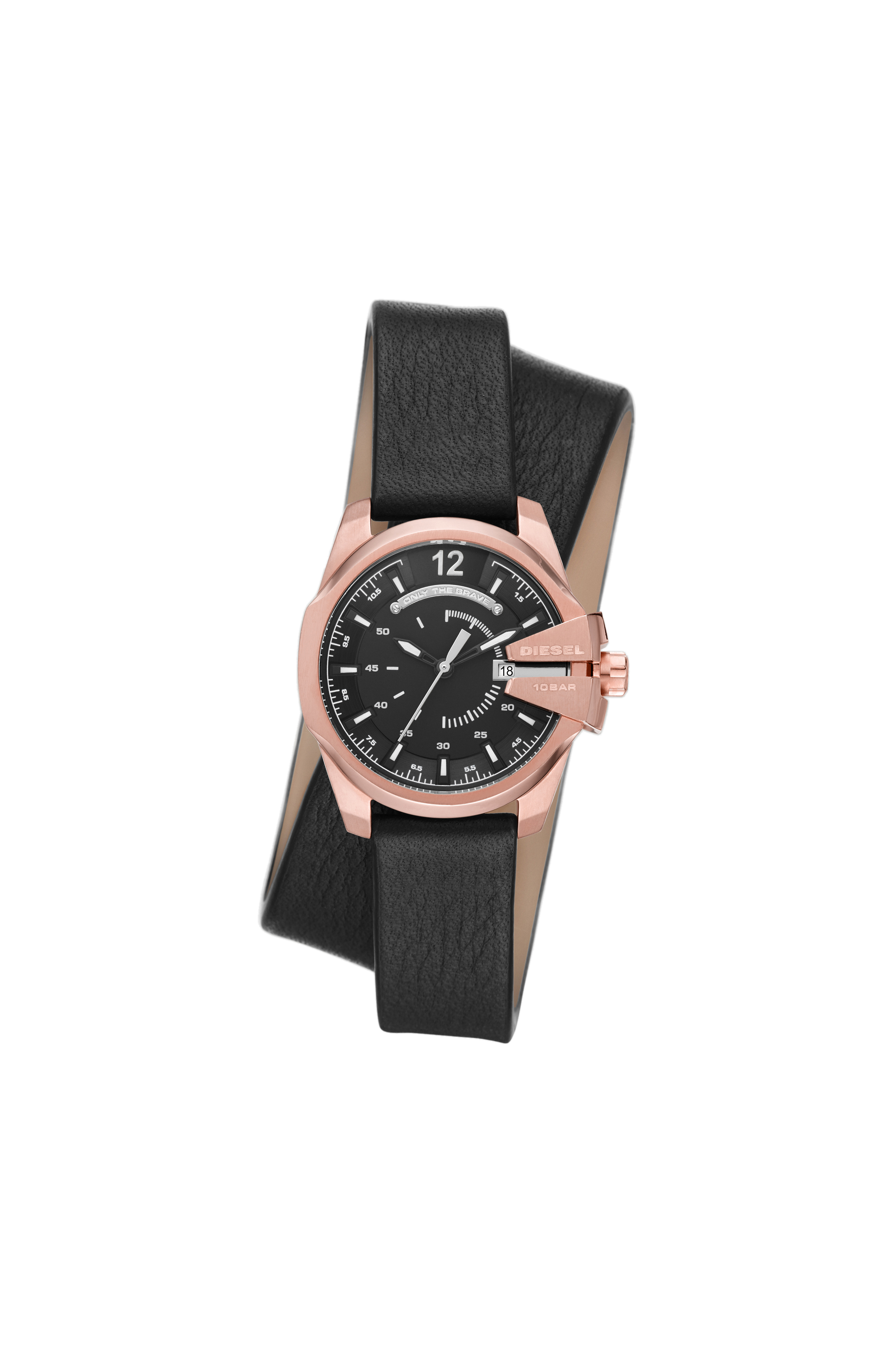 Diesel - DZ5601, Woman's Baby Chief three-hand date black leather watch in Black/Pink - 1