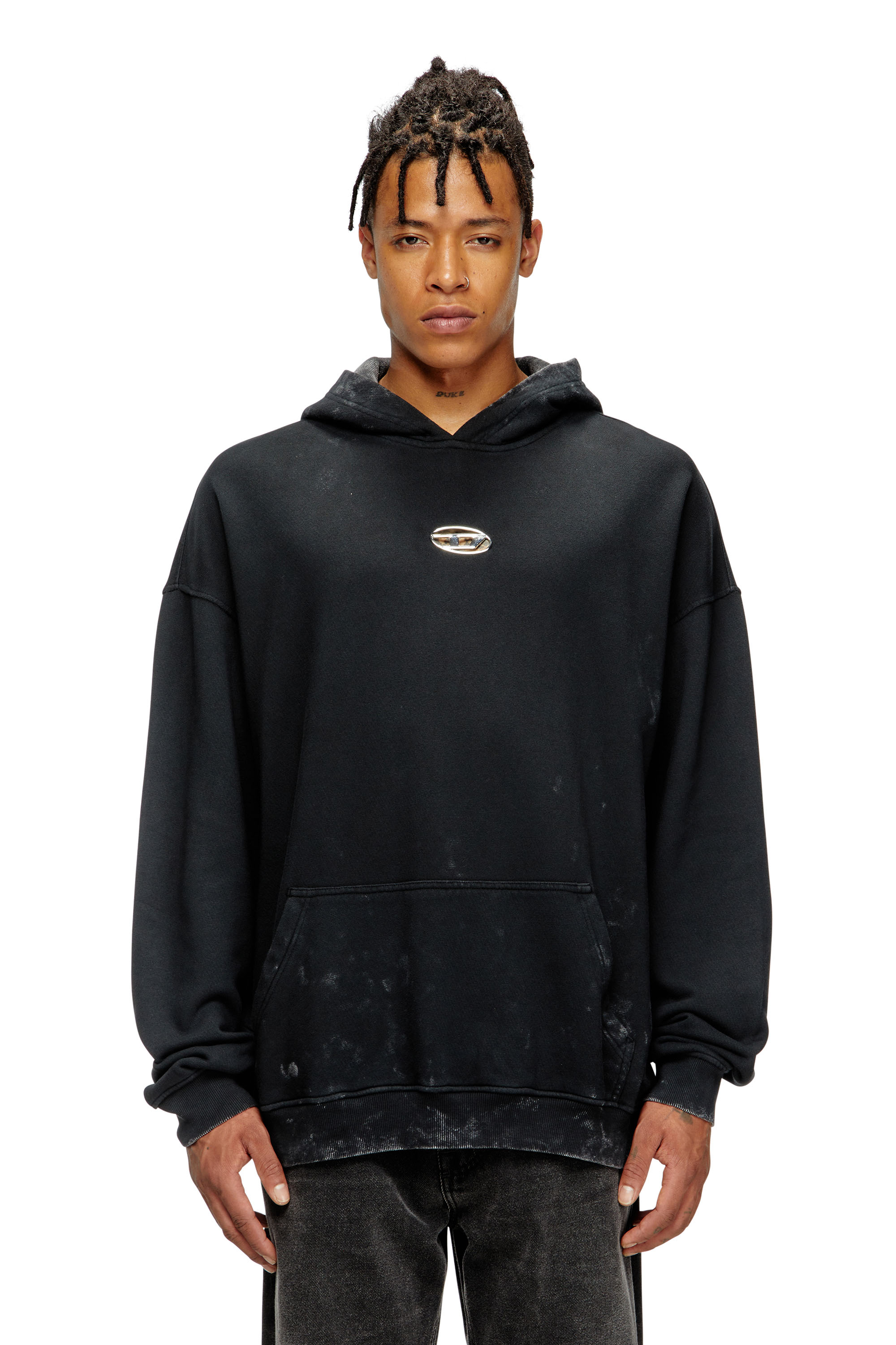 Diesel - S-BOXT-HOOD-T10, Man's Hoodie with cut-out metal Oval D in Black - 1