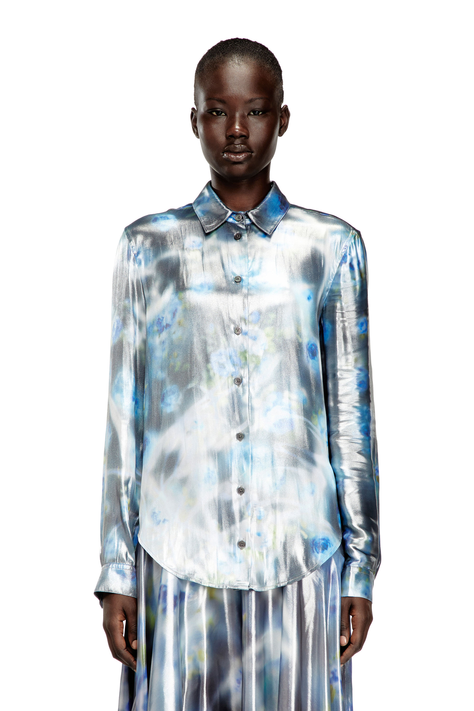 Diesel - C-RONOR-S2, Woman's Metallic shirt with blurred roses print in Blue - 3