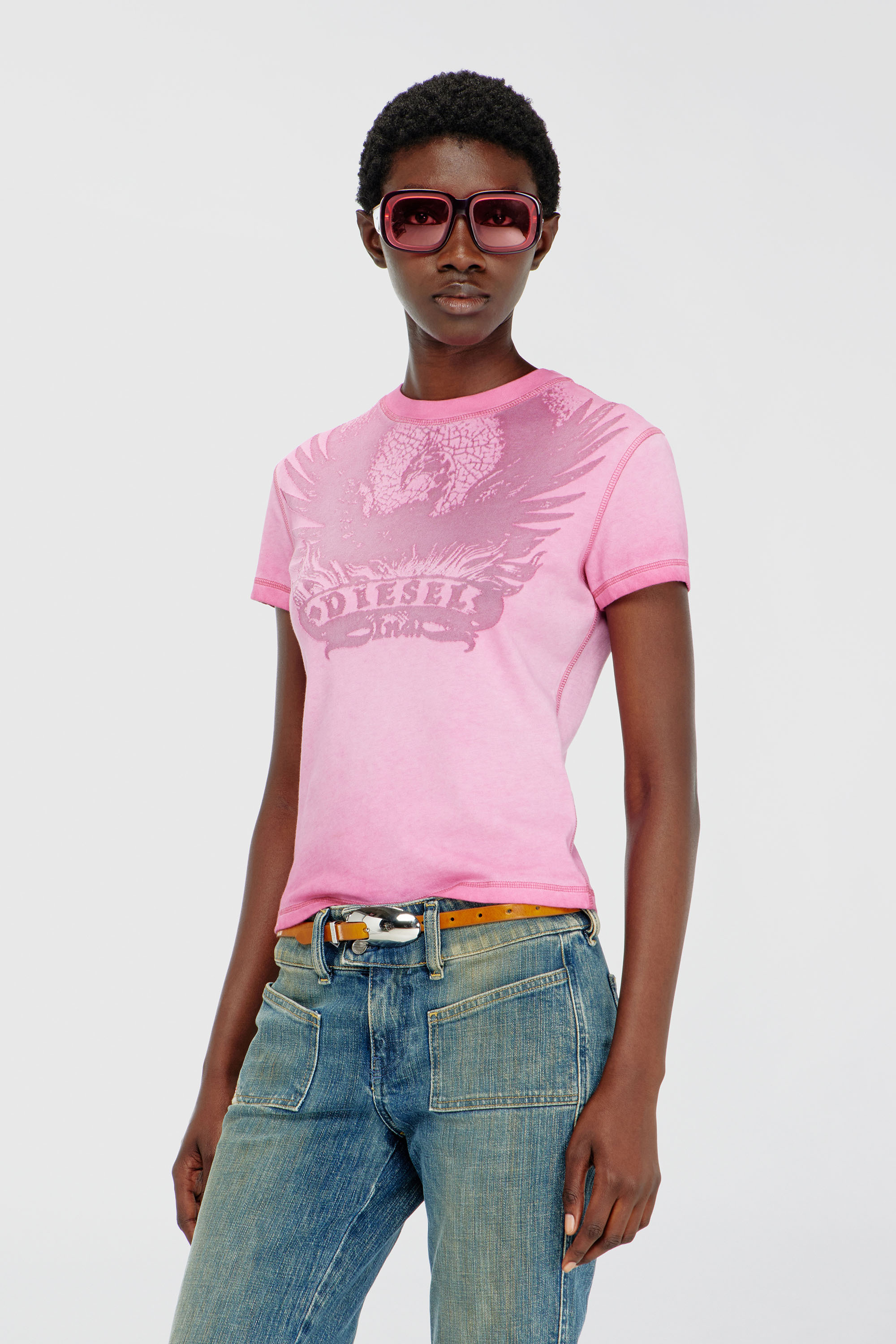 Diesel - T-ILA-AA7, Woman's Slim T-shirt with d&eacute;vor&eacute; Phoenix in Hot pink - 3
