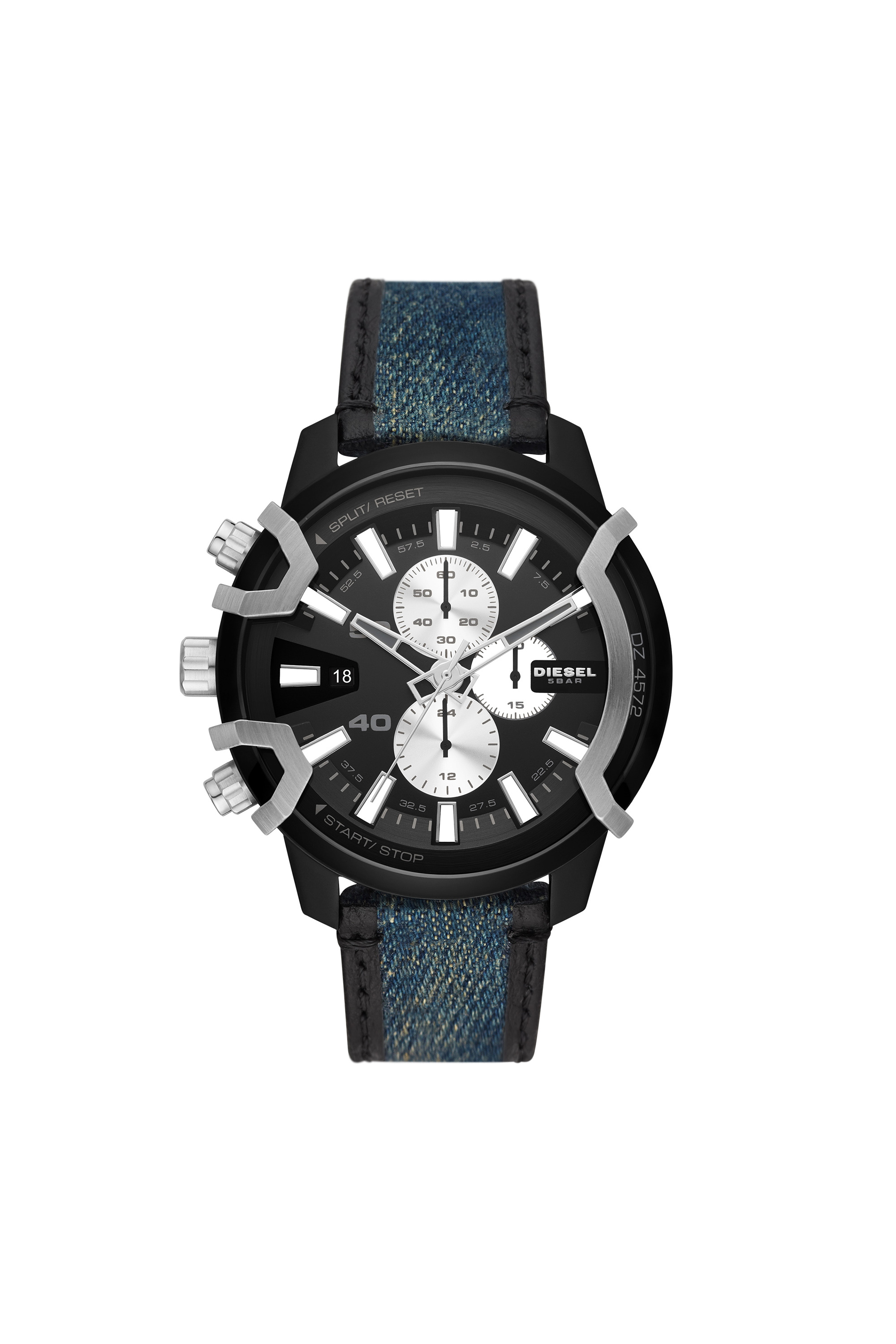 Diesel - DZ4572, Man's Griffed chronograph two-tone denim and leather watch in Blue - 1