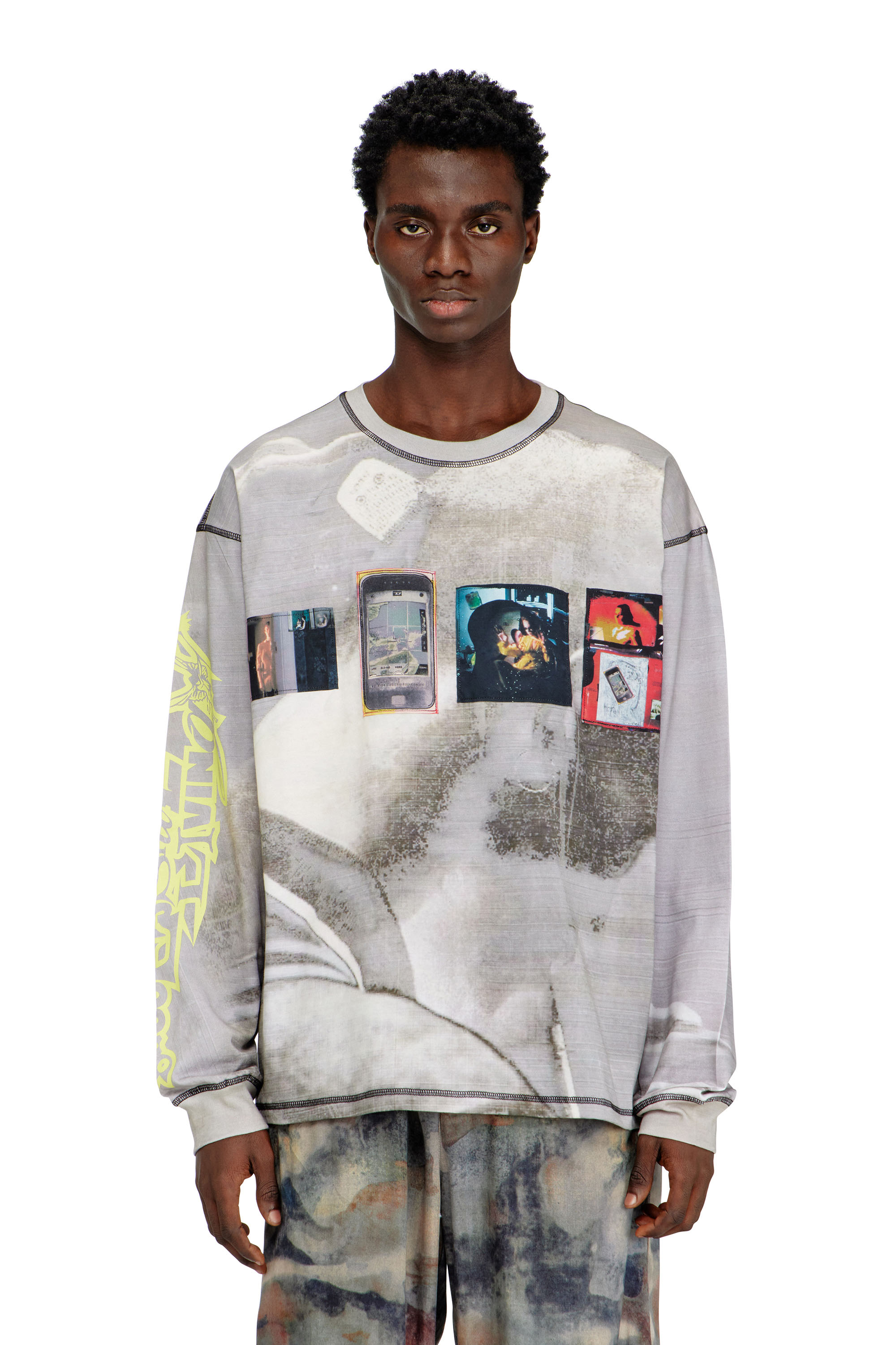 Diesel - T-BOXT-LS-V3, Man's Long-sleeve T-shirt with all-over print and patches in Grey - 1