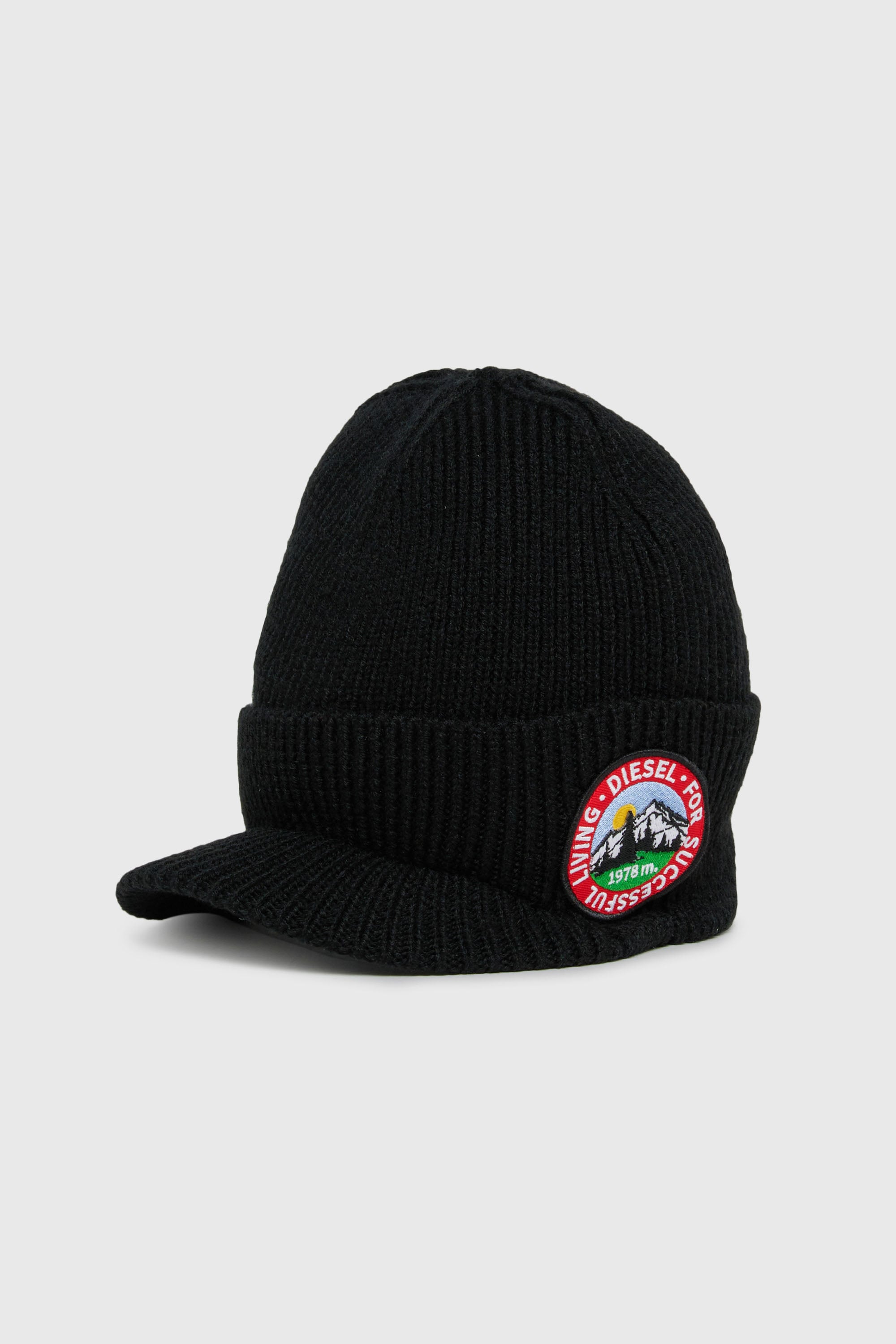 Diesel - FMONTI, Unisex's Visor beanie in ribbed wool knit in Black - 1