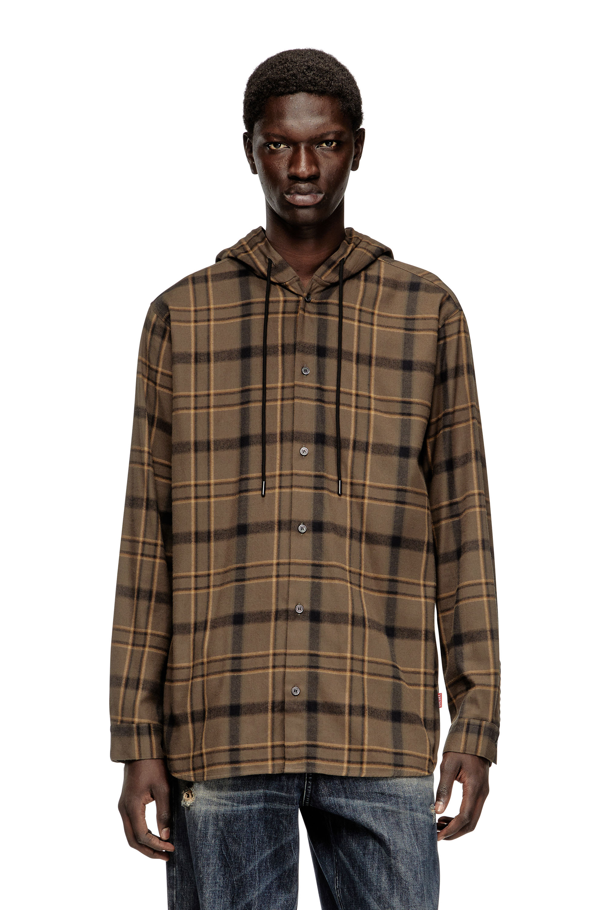 Diesel - S-IX, Man's Hooded shirt in check flannel with logo in null - 1