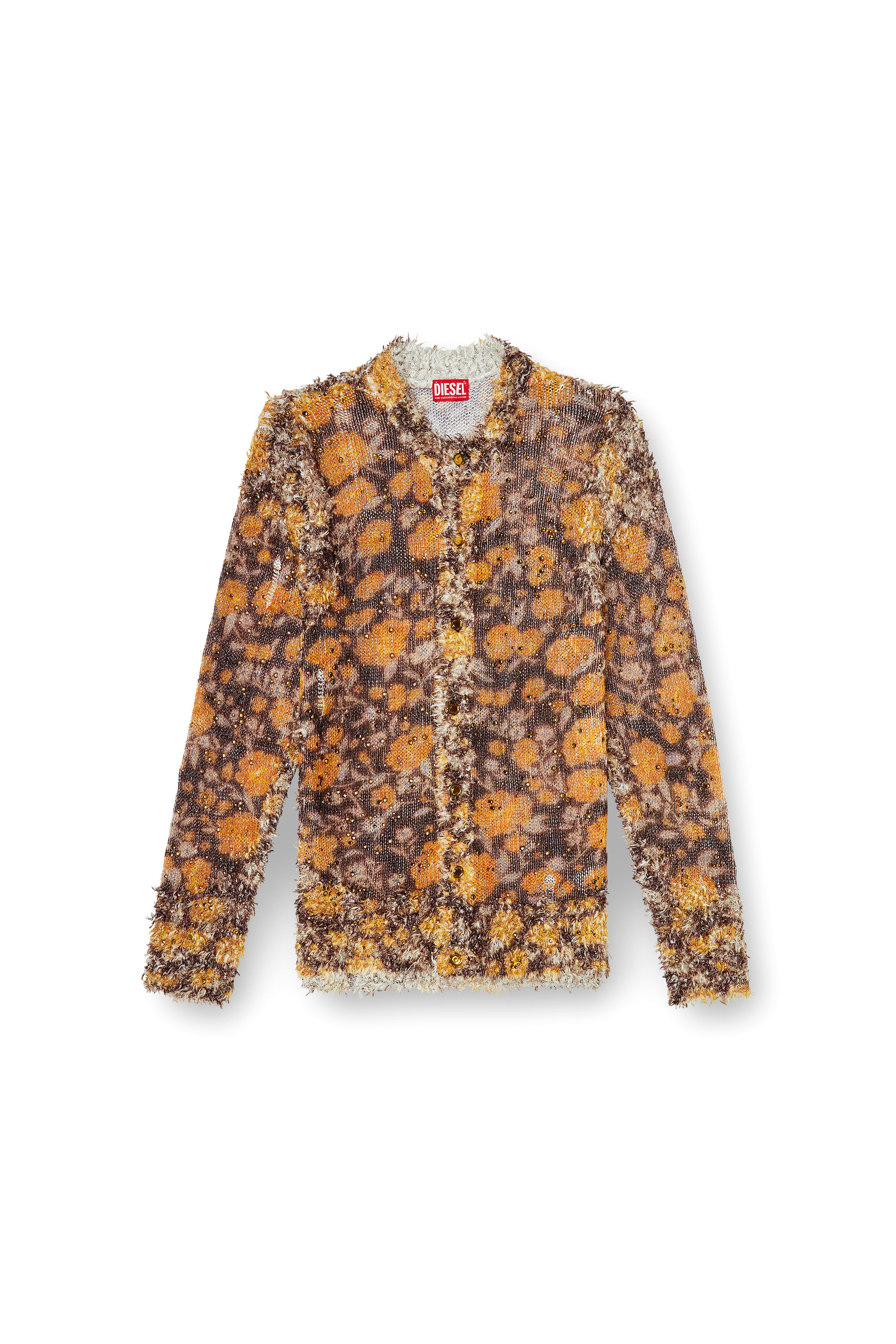 Diesel - K-LINNUS, Man's Printed linen-blend cardigan with crystals in Brown/Orange - 2