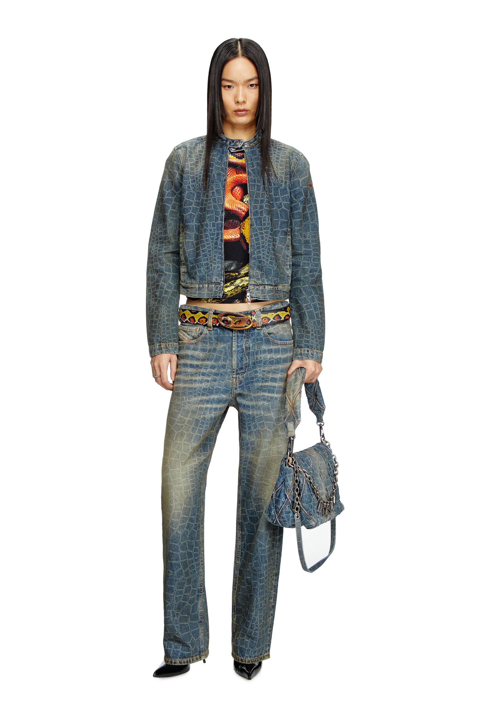 Diesel - CL-DE-MORNIN-SNAKE, Woman's Moto jacket in snake-print denim in Dark Blue - 1