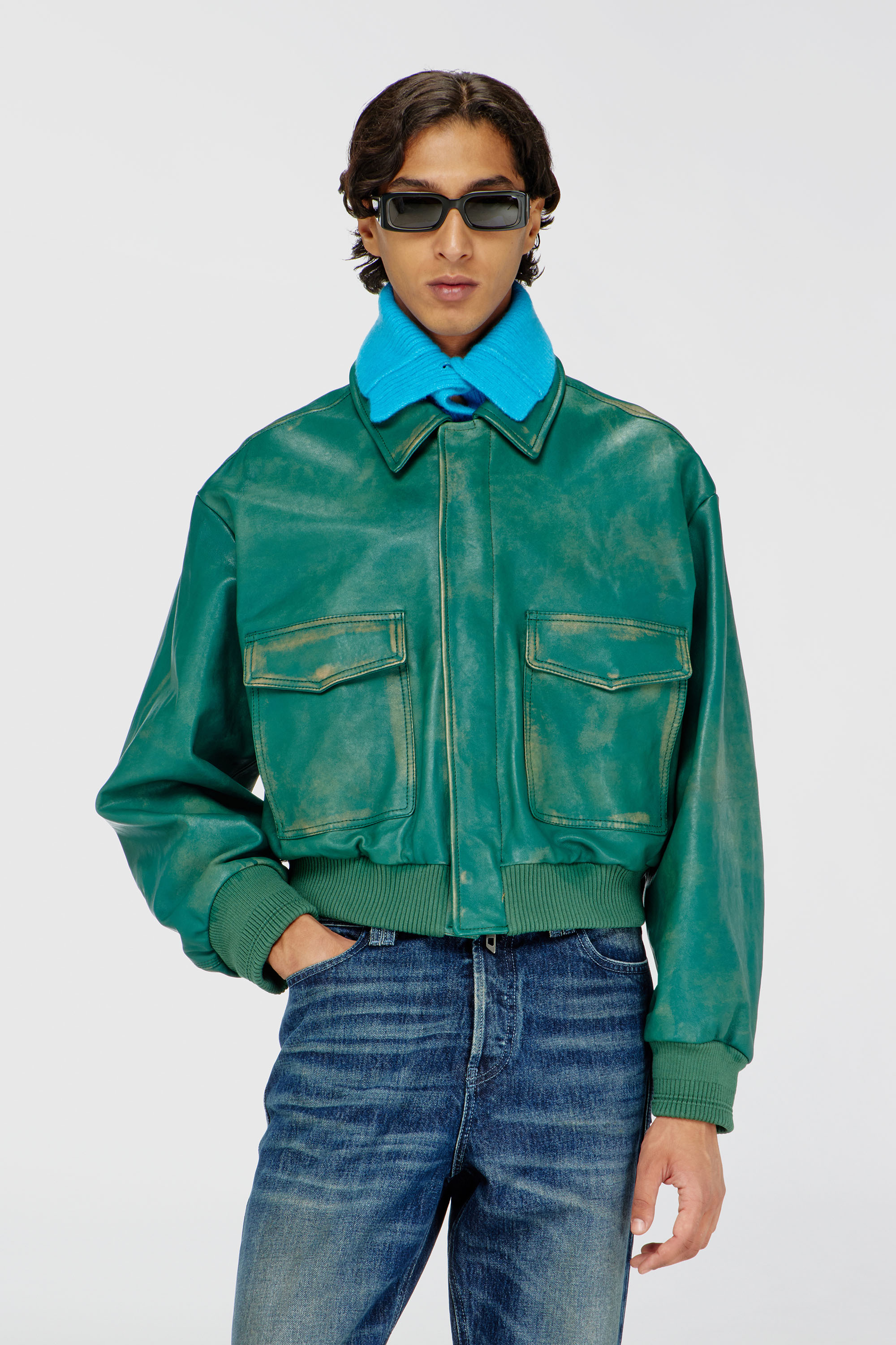 Diesel - L-UMAN, Man's Aviator jacket in treated leather in Dark Green - 2