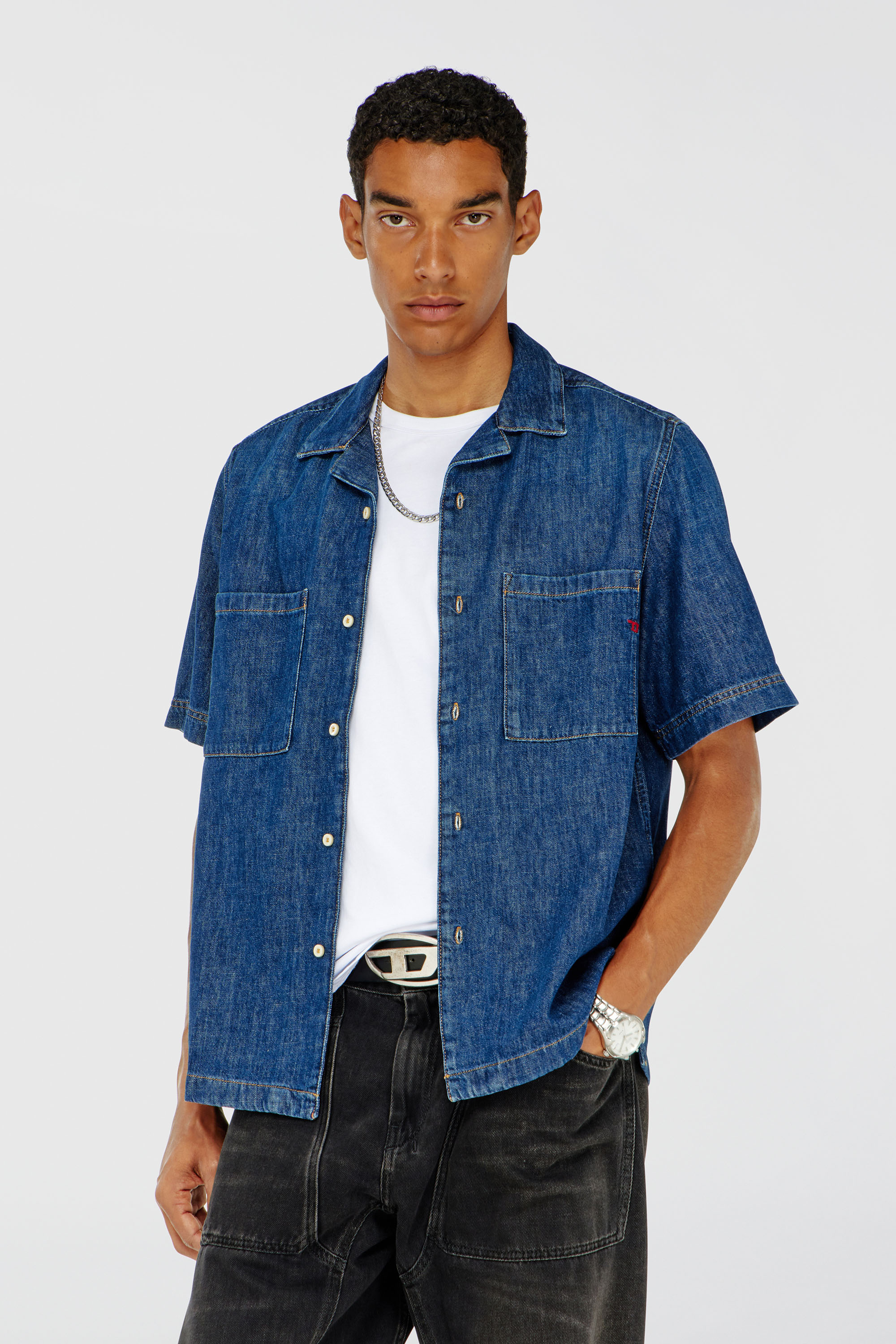 Diesel - D-PAROSHORT, Man's Bowling shirt in denim in Dark Blue - 1