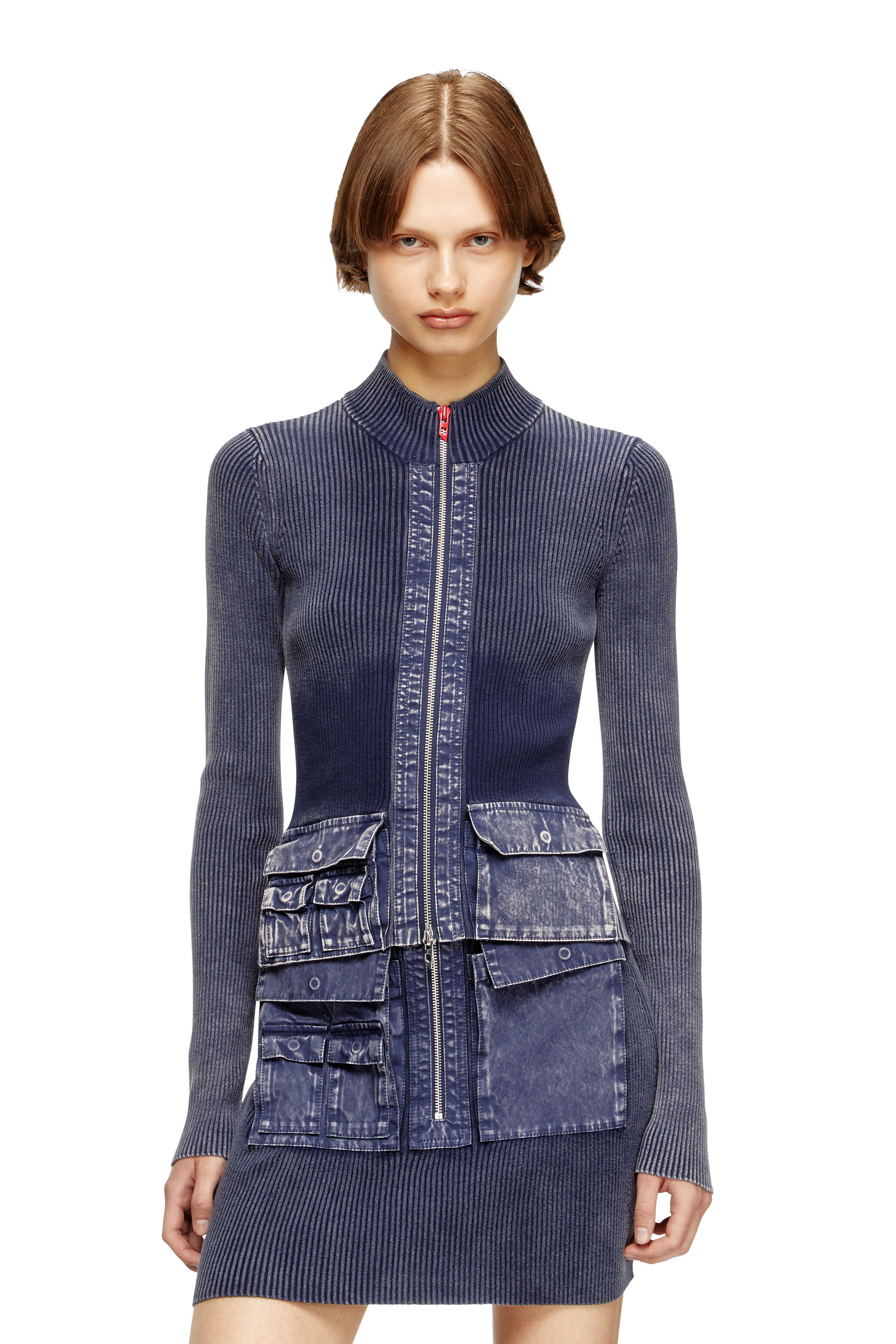 Diesel - M-MELISSA, Woman's Zip-up cardigan with denim cargo pockets in Blue - 1