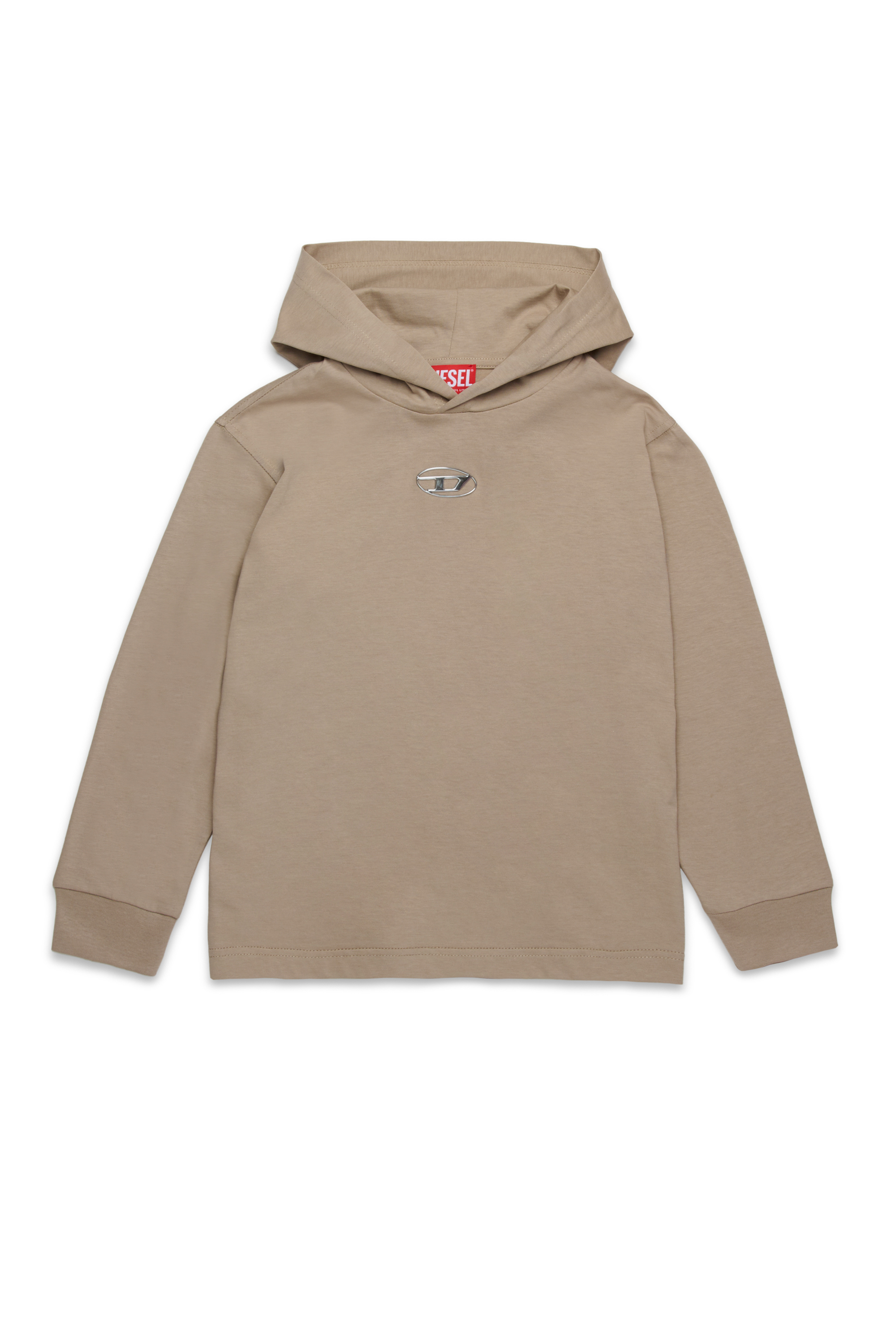 Diesel - TNICK OVER, Man's Hooded T-shirt  with metal-look Oval D logo in Light Brown - 1