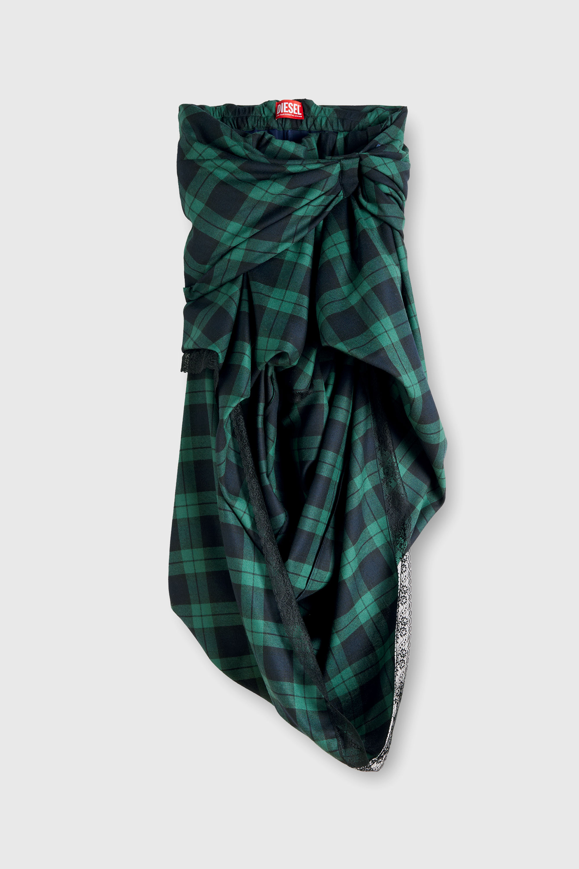 Diesel - O-WINNY, Woman's Draped tartan midi skirt with lace trim in Green/Blue - 2