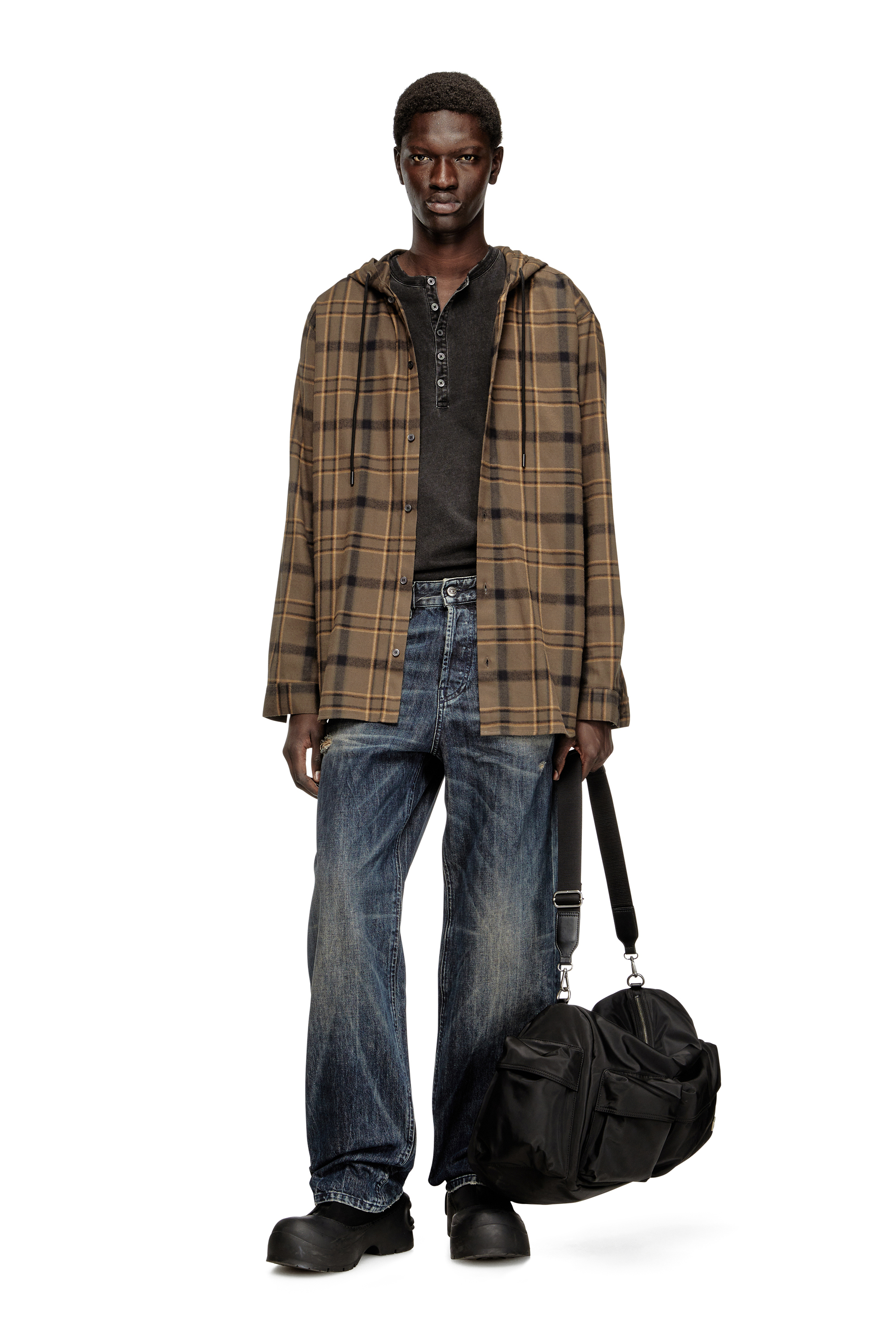 Diesel - S-IX, Man's Hooded shirt in check flannel with logo in Brown - 2