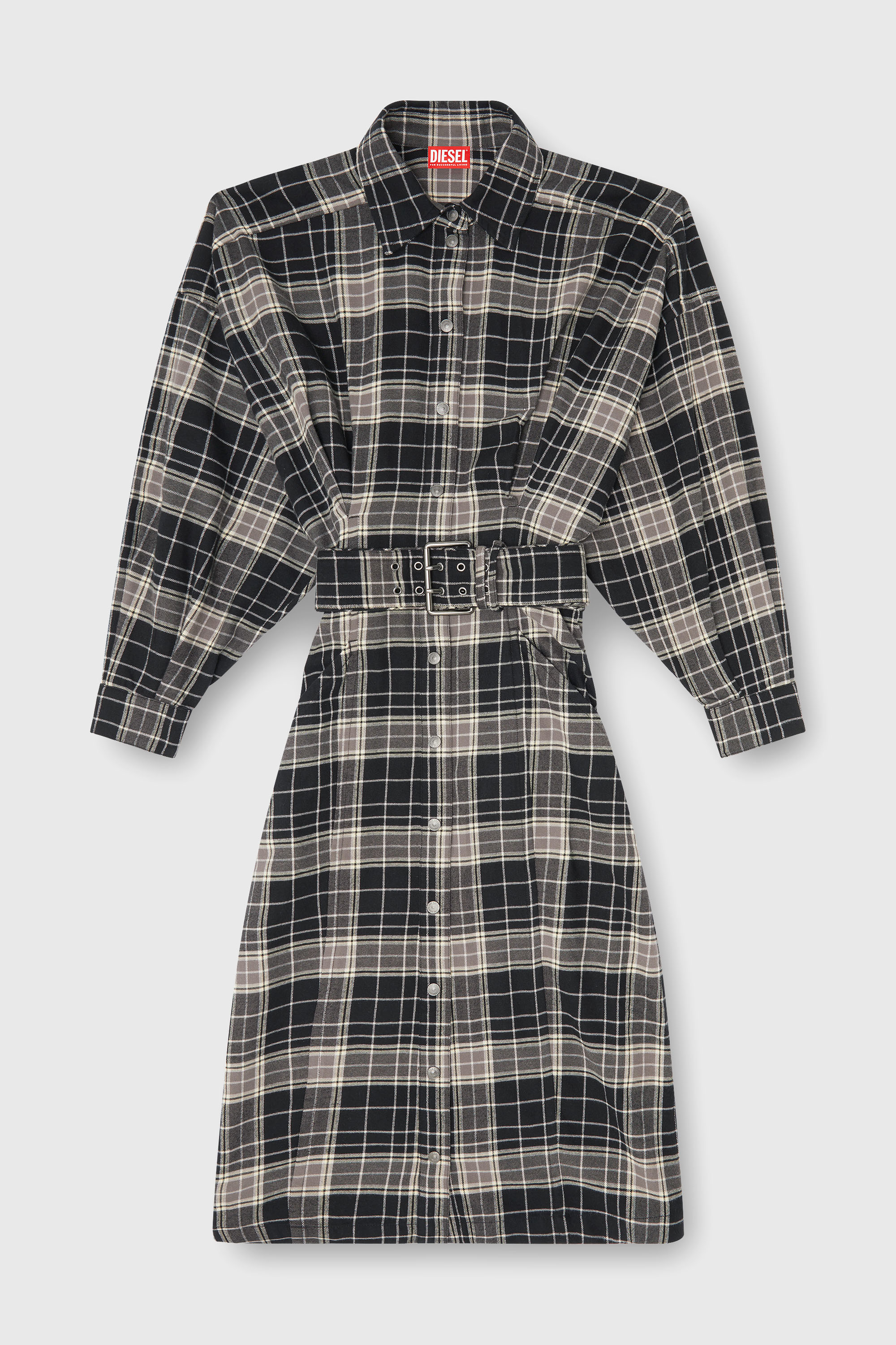 Diesel - D-EDALUS, Woman's Midi dress in check flannel with wide belt in Grey/Black - 1