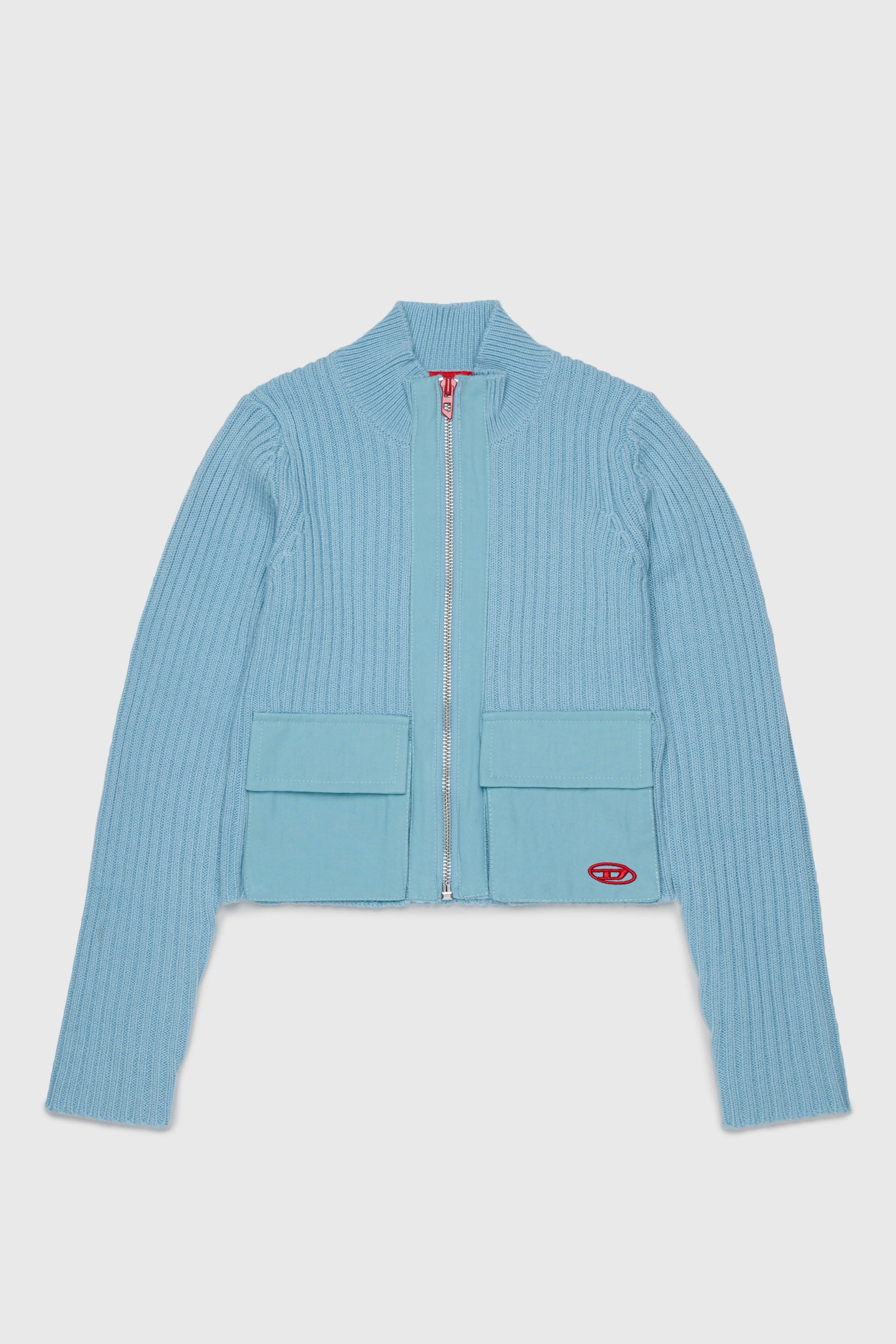 Diesel - KAMMY, Woman's Zip cardigan in wool blend with pockets in Light Blue - 1
