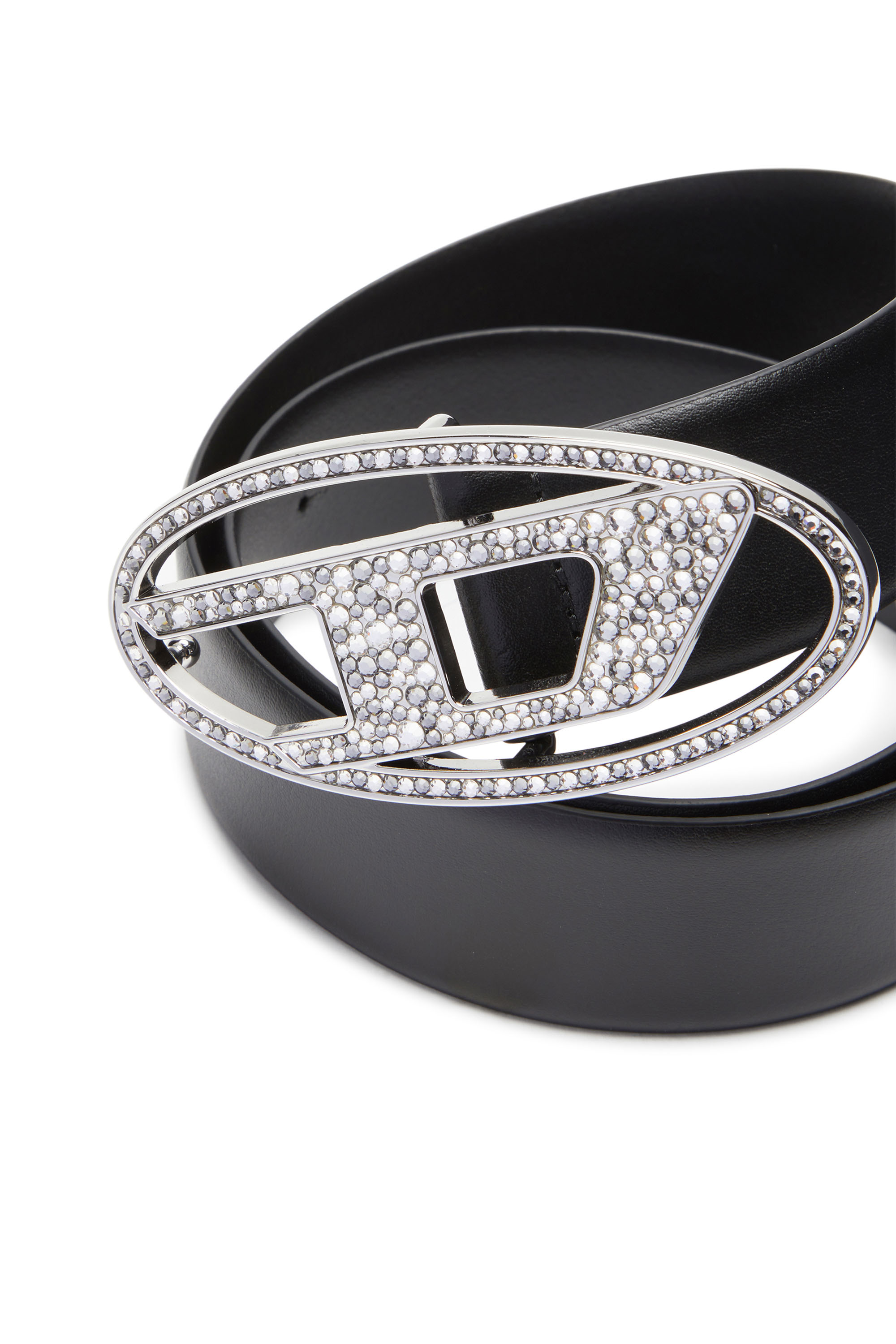 Diesel - B-1DR STRASS, Woman's 4cm Leather belt with crystal buckle in Black - 3