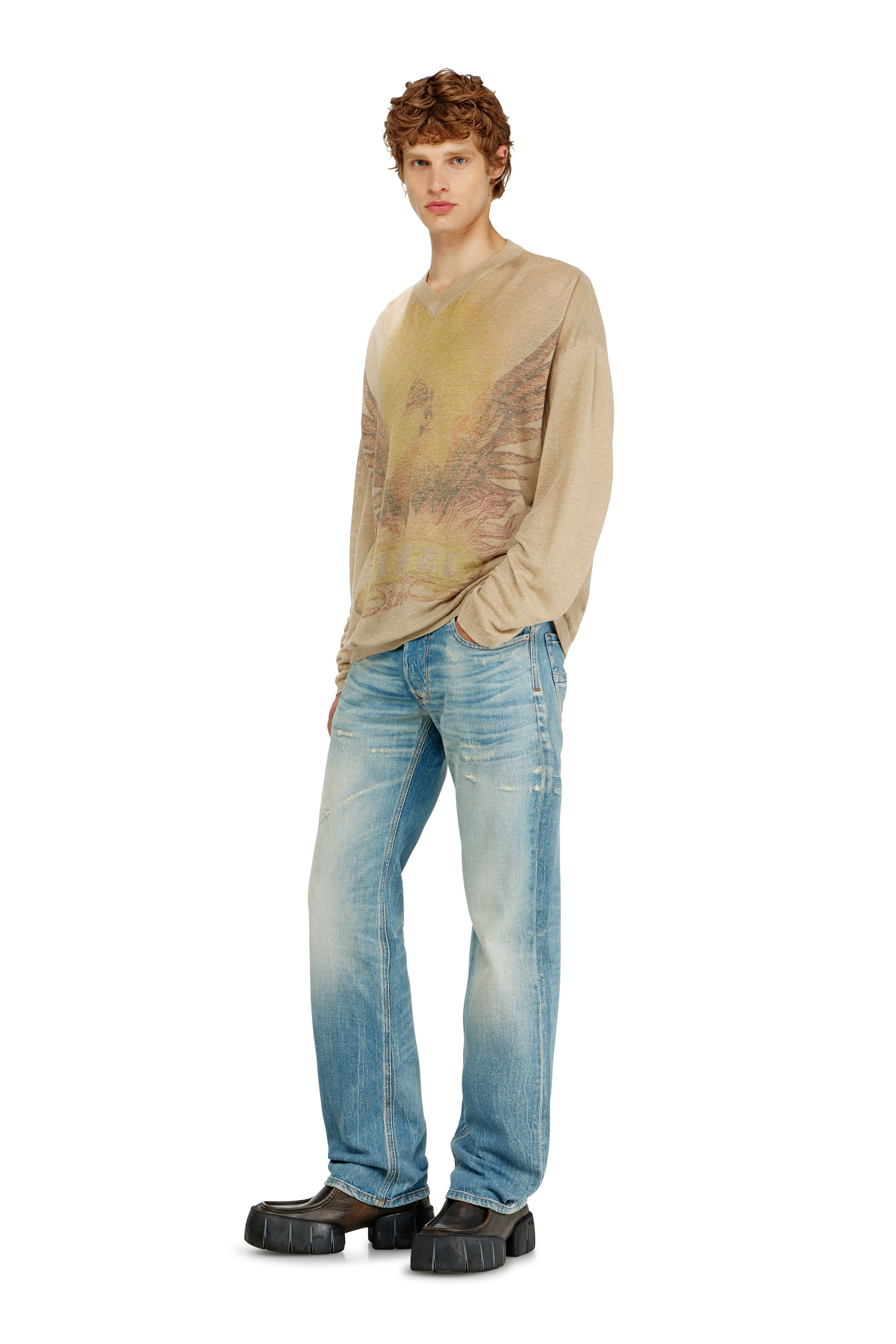 Diesel - K-ARMINS, Man's Linen jumper with faded Phoenix print in Beige - 1