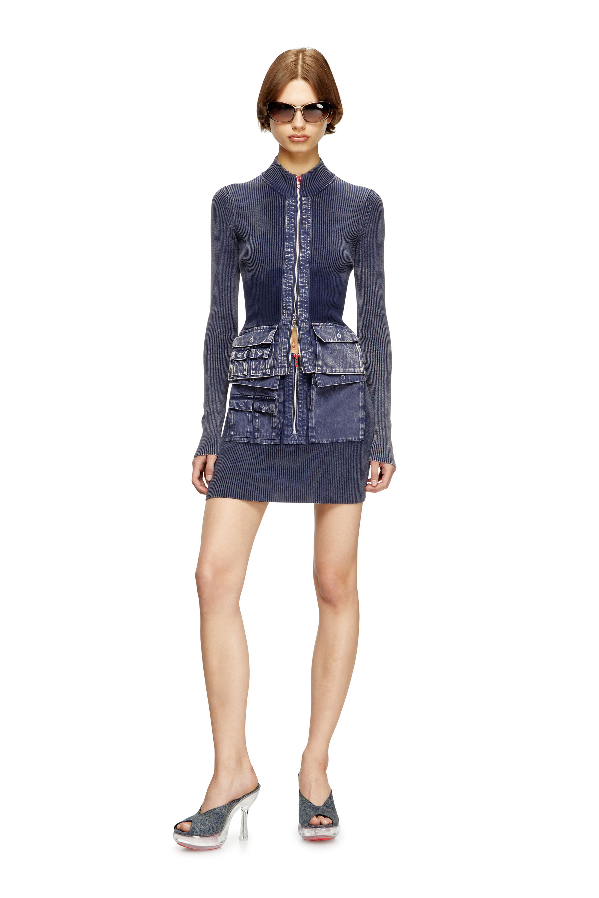 Diesel - M-MELISSA, Woman's Zip-up cardigan with denim cargo pockets in Blue - 2