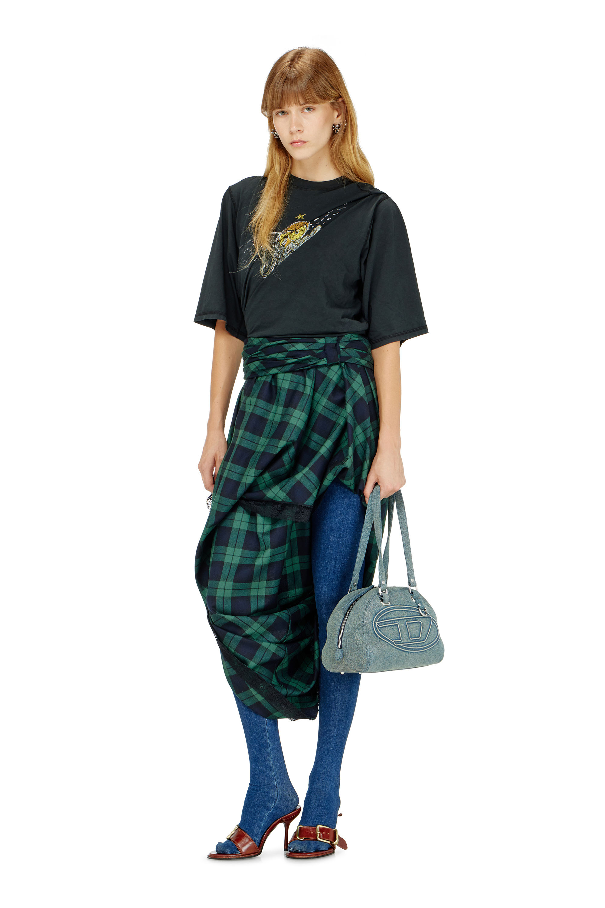 Diesel - O-WINNY, Woman's Draped tartan midi skirt with lace trim in null - 1