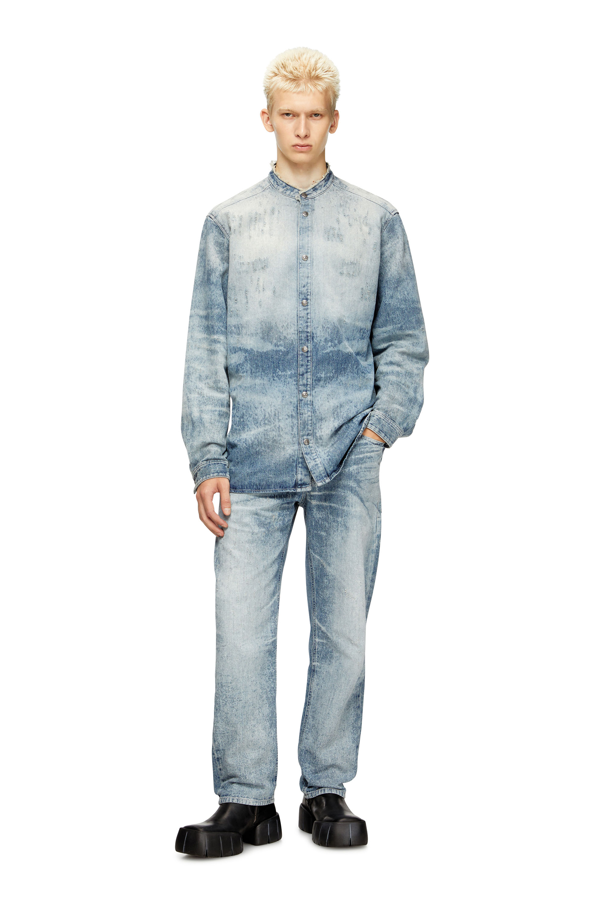 Diesel - D-SIMP-FSH, Man's Shirt in distressed honeycomb denim in Light Blue - 2