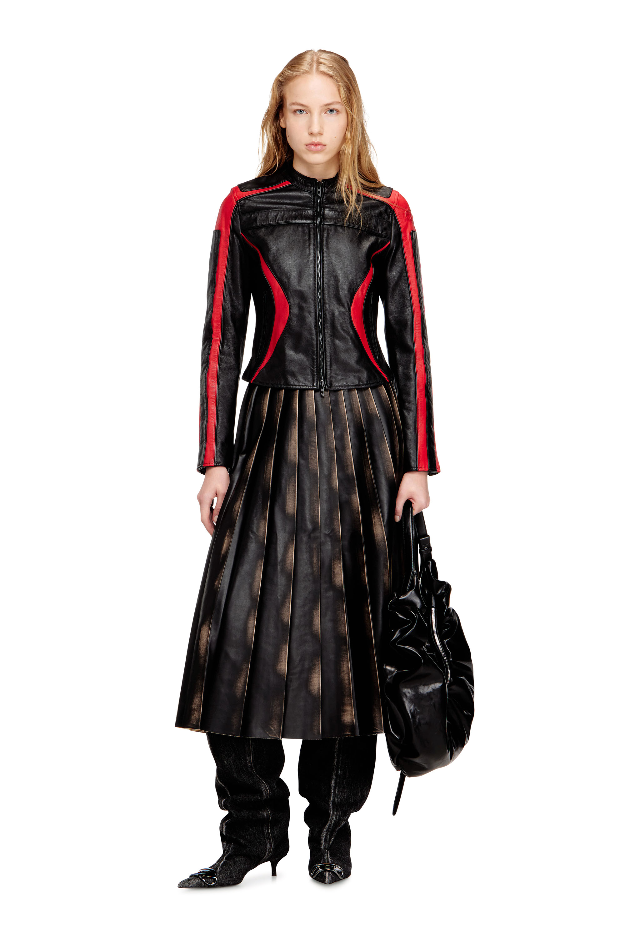 Diesel - L-OVABLE, Woman's Biker jacket in colour-block leather in null - 1