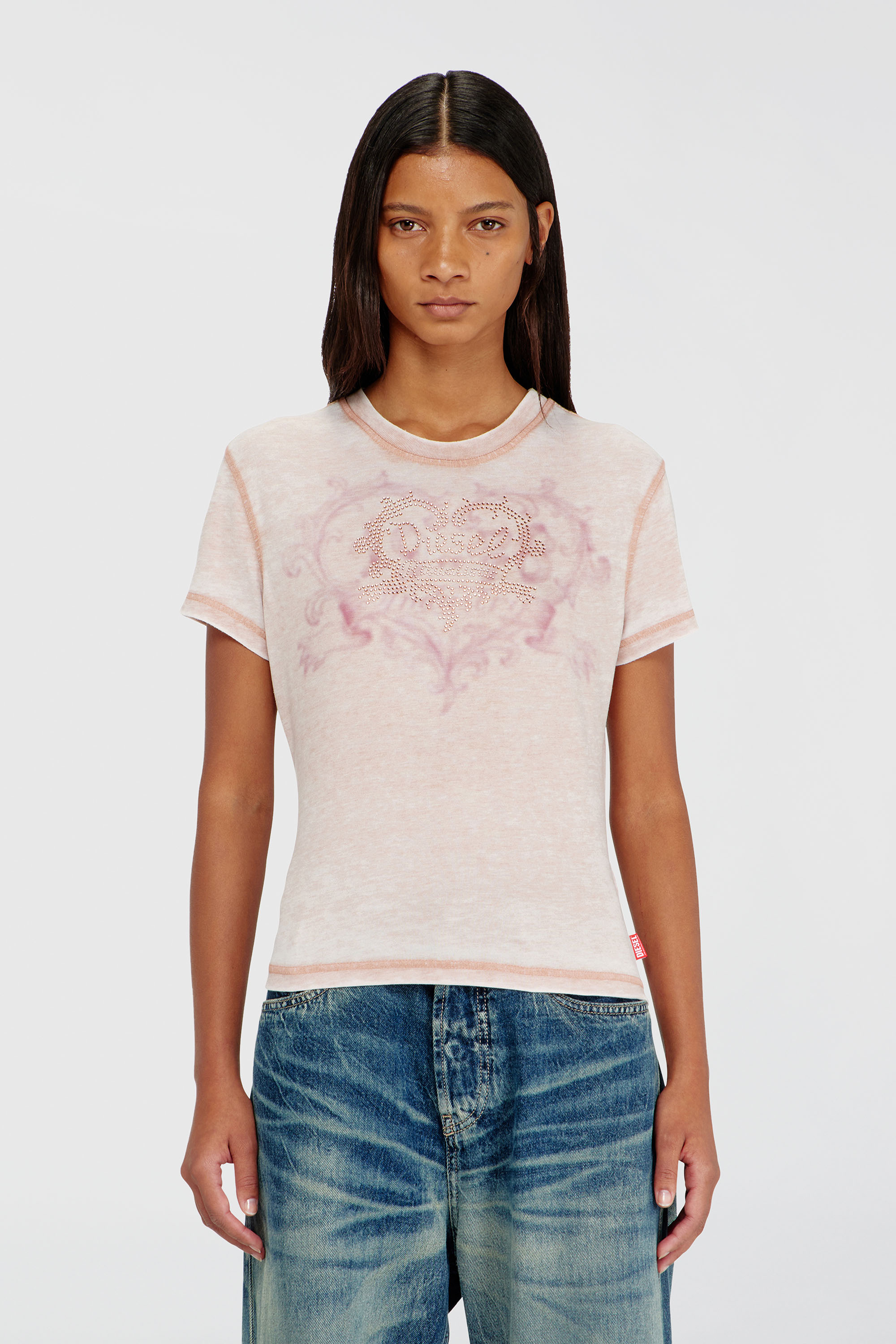 Diesel - T-ILA-AA1, Woman's Jersey t-shirt with rhinestones and burnout effect in Face Powder - 3